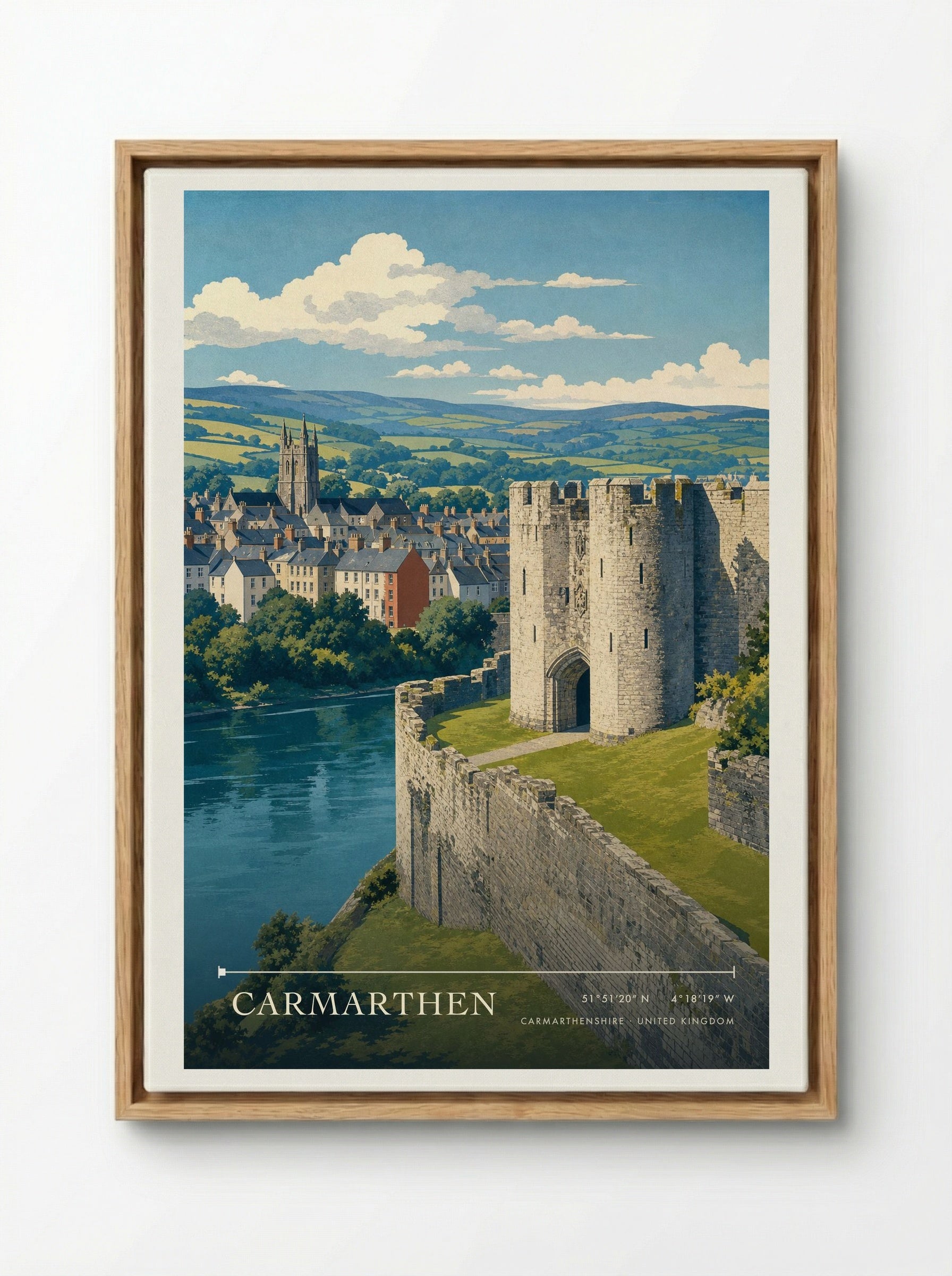 Carmarthen Carmarthenshire United Kingdom Travel Poster - Framed Canvas Wood