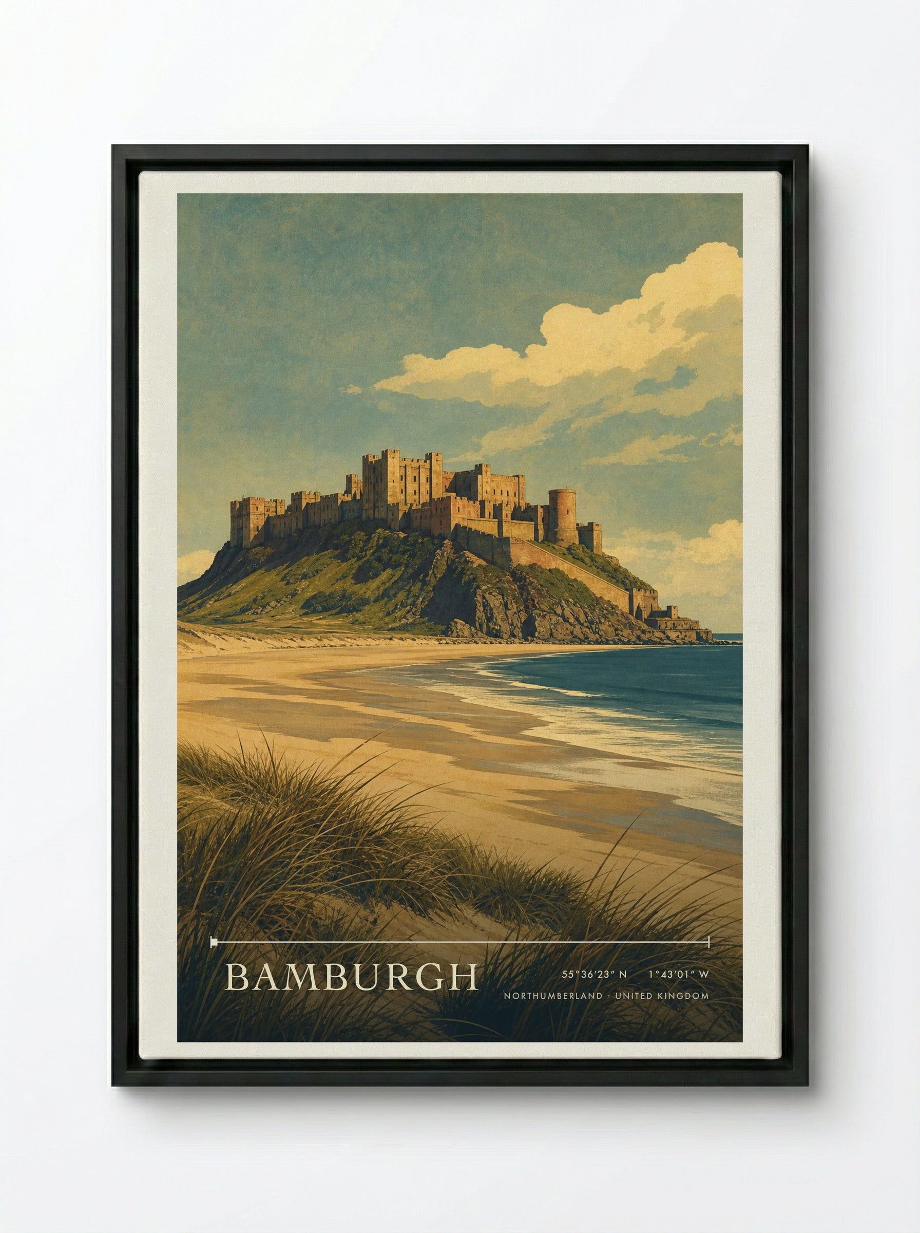 Bamburgh Northumberland United Kingdom Travel Poster - Framed Canvas Black