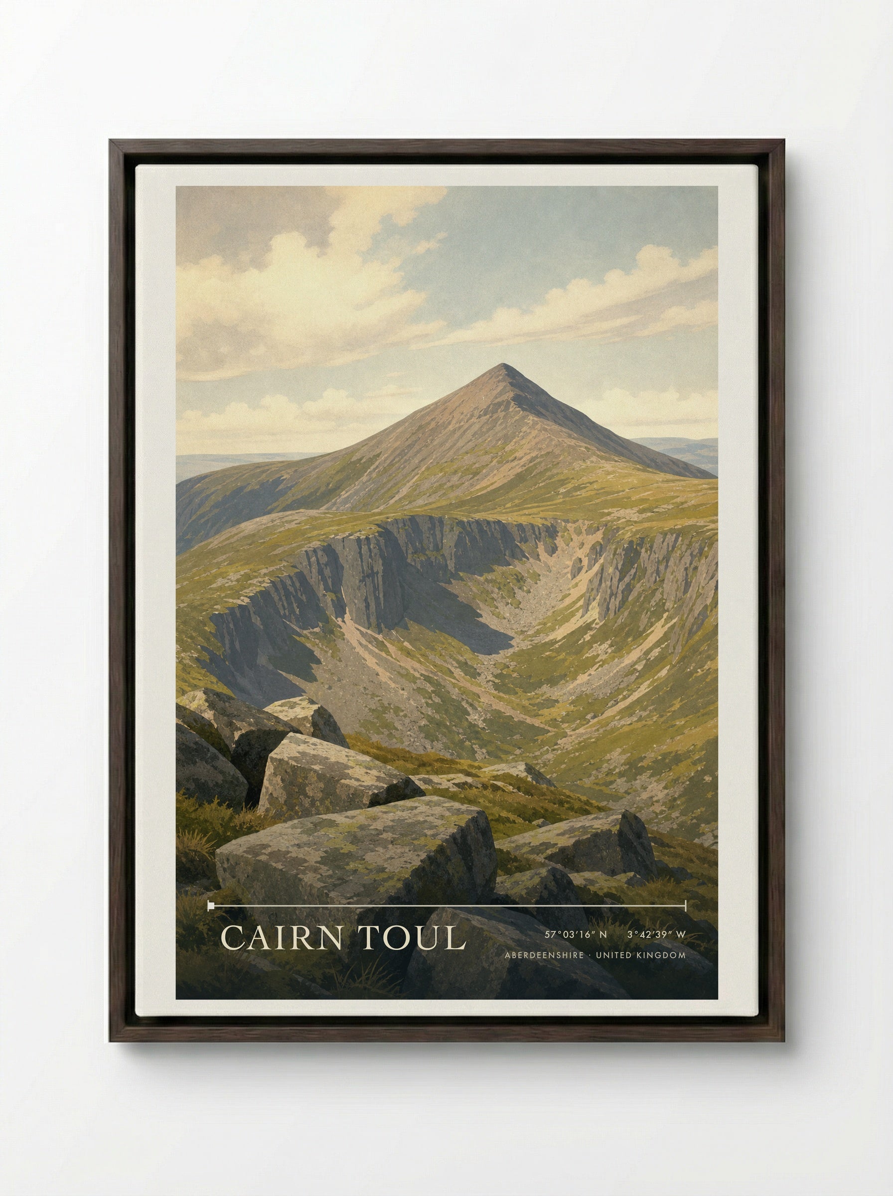 Cairn Toul Aberdeenshire United Kingdom Travel Poster - Framed Canvas Dark Wood