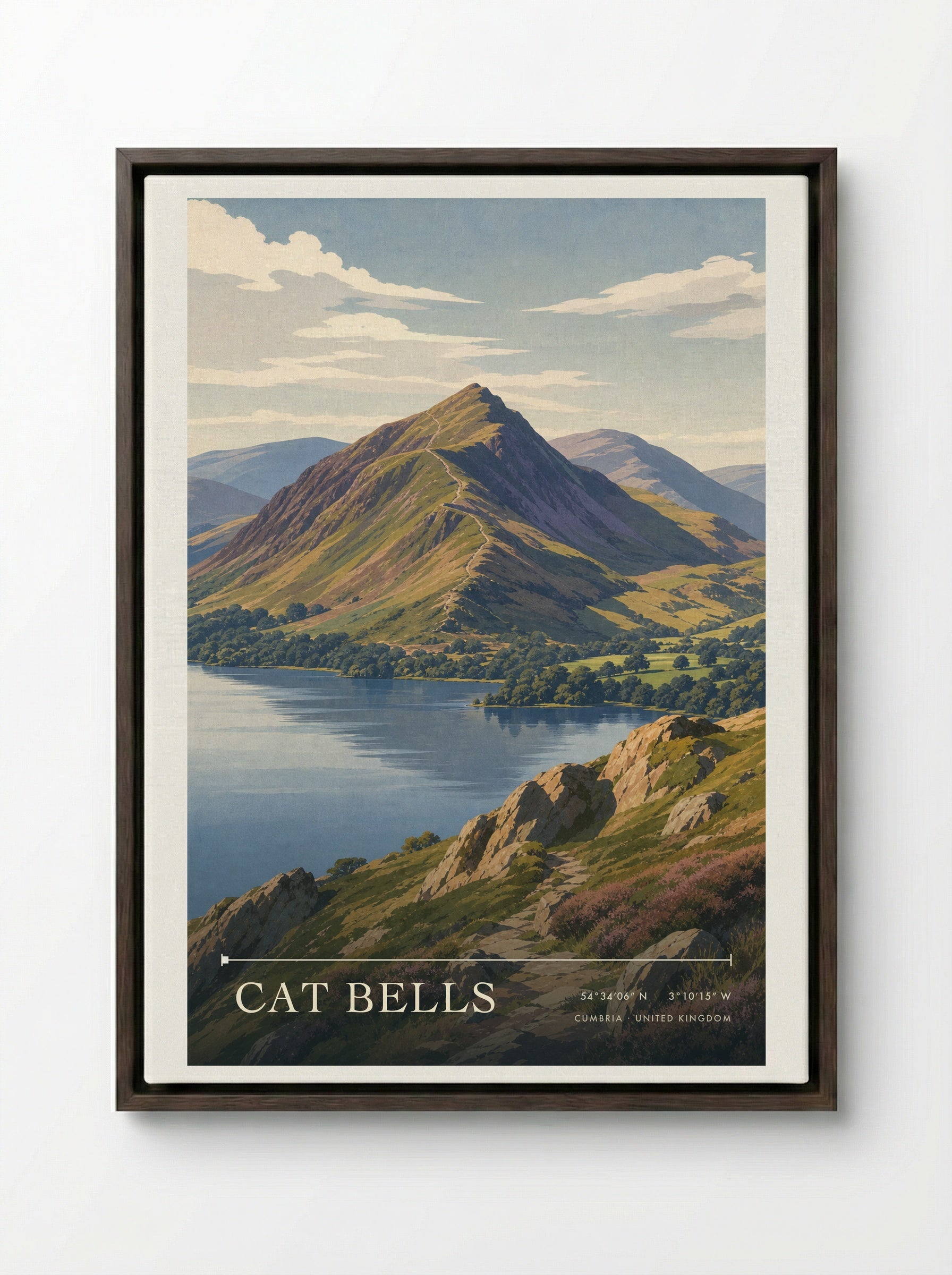 Cat Bells Cumbria United Kingdom Travel Poster - Framed Canvas Dark Wood