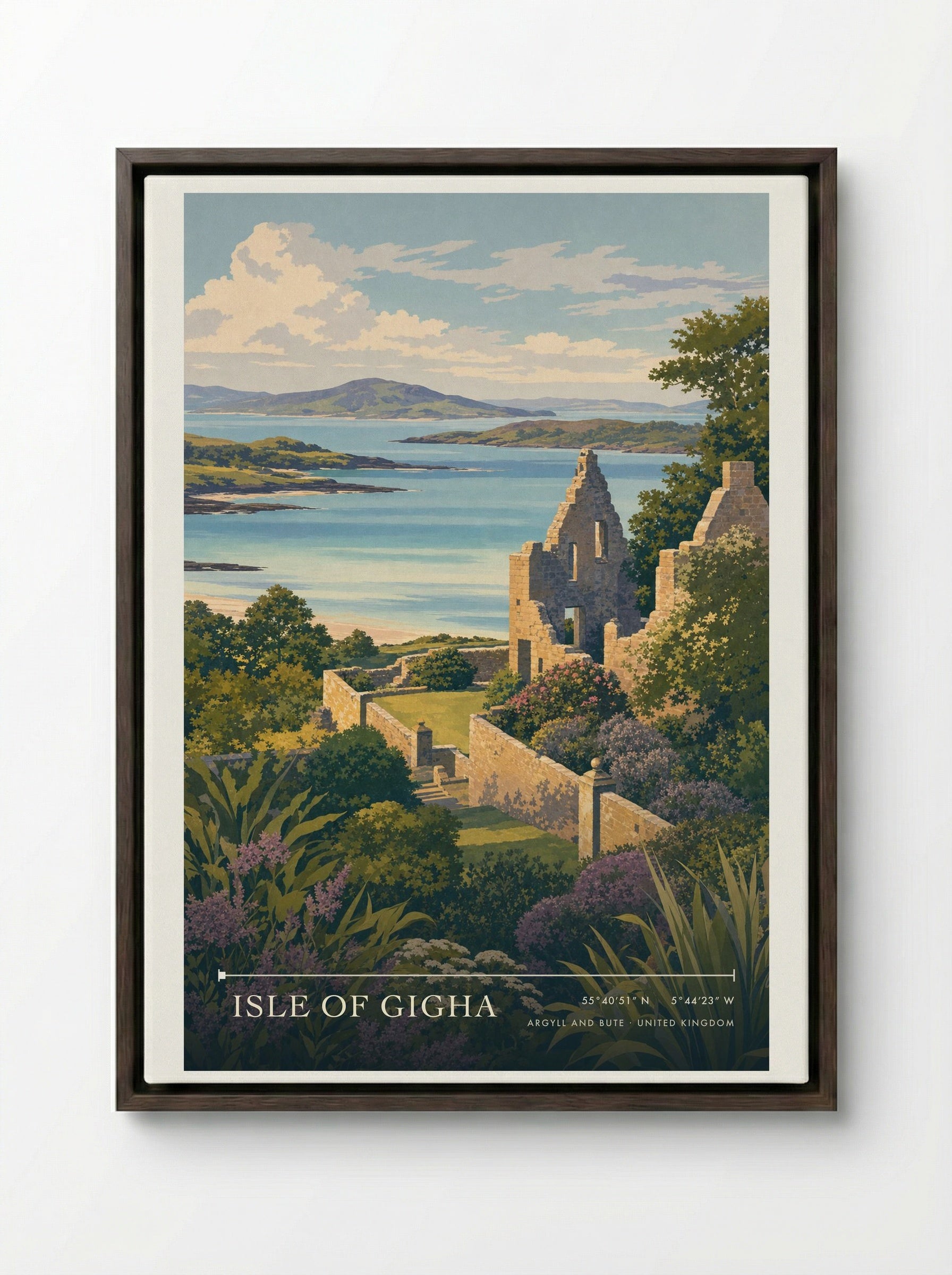 Isle of Gigha Argyll and Bute United Kingdom Travel Poster - Framed Canvas Dark Wood