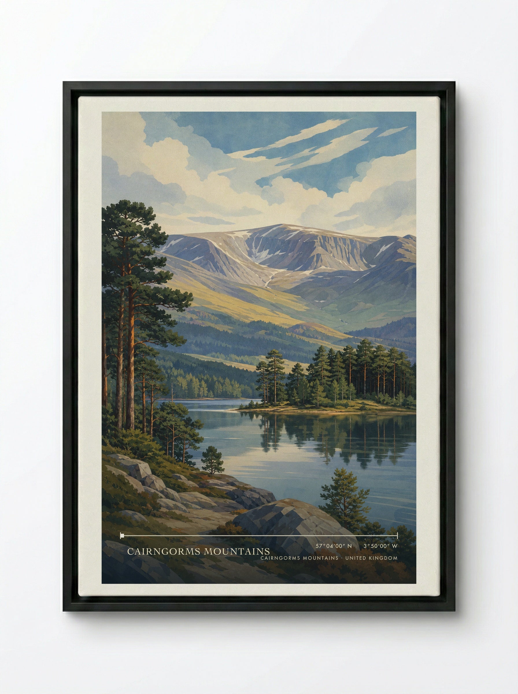 Cairngorms Mountains United Kingdom Travel Poster - Framed Canvas Black