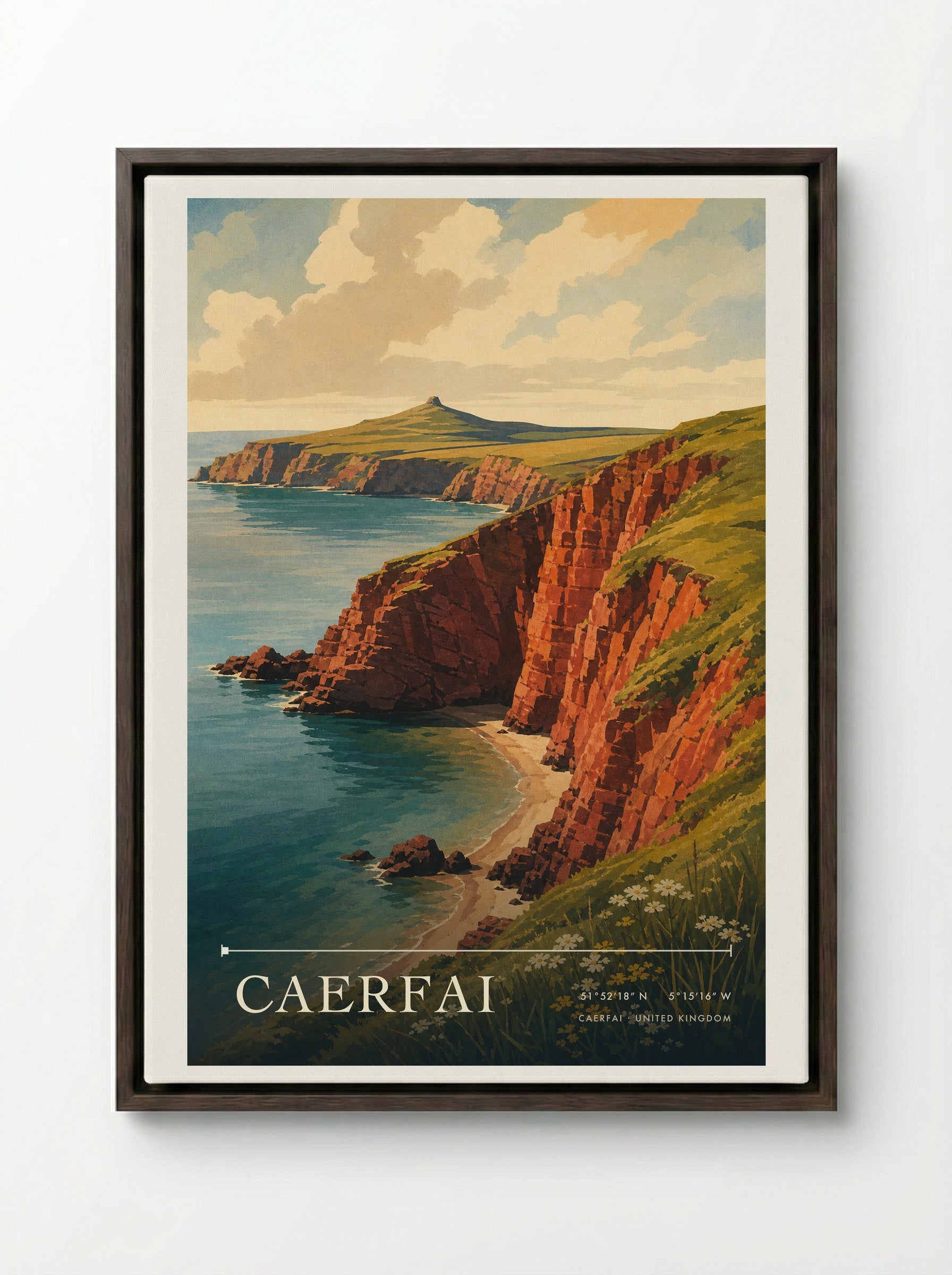Caerfai United Kingdom Travel Poster - Framed Canvas Dark Wood