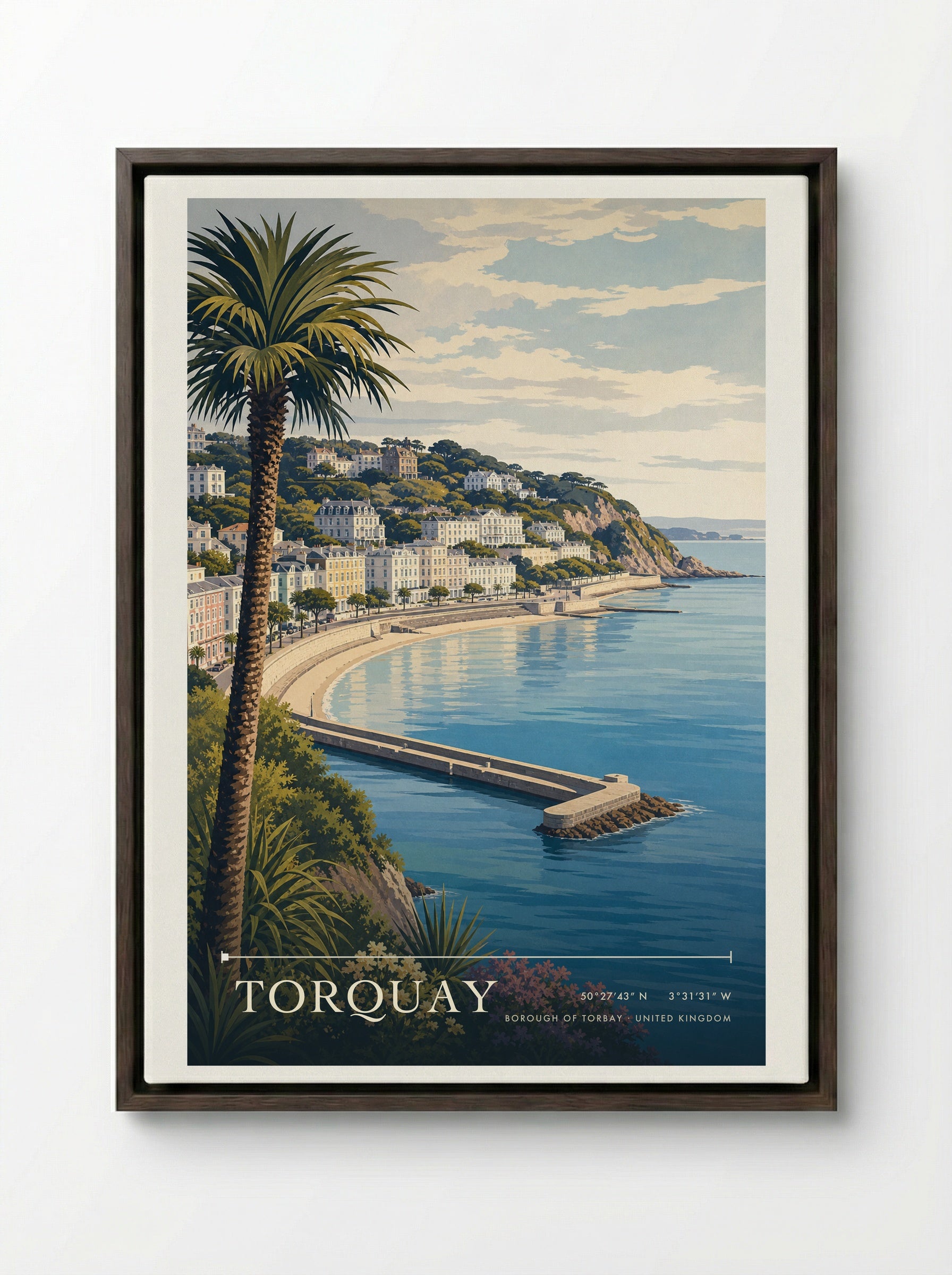Torquay Borough of Torbay United Kingdom Travel Poster - Framed Canvas Dark Wood