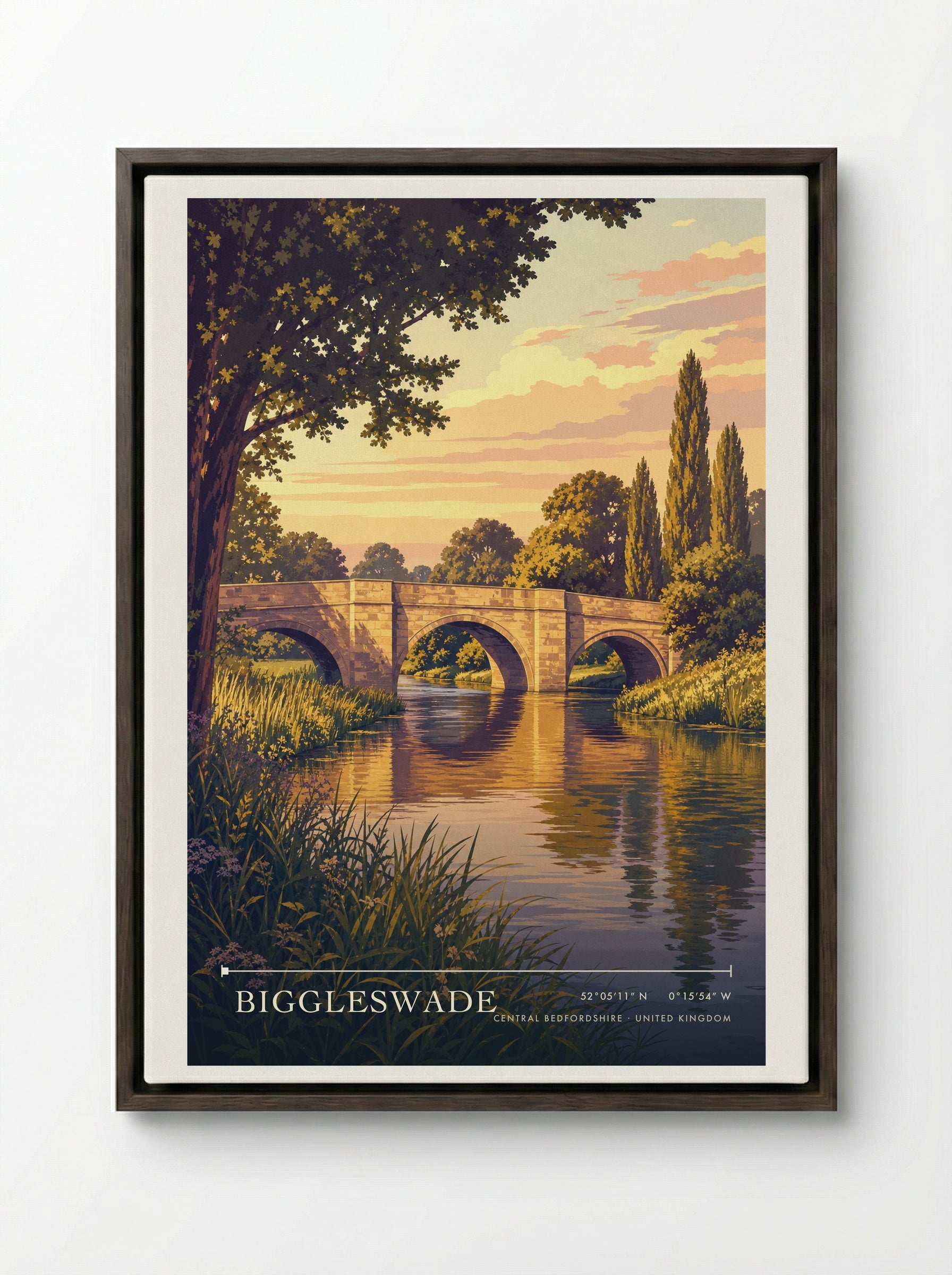 Biggleswade Central Bedfordshire United Kingdom Travel Poster - Framed Canvas Dark Wood