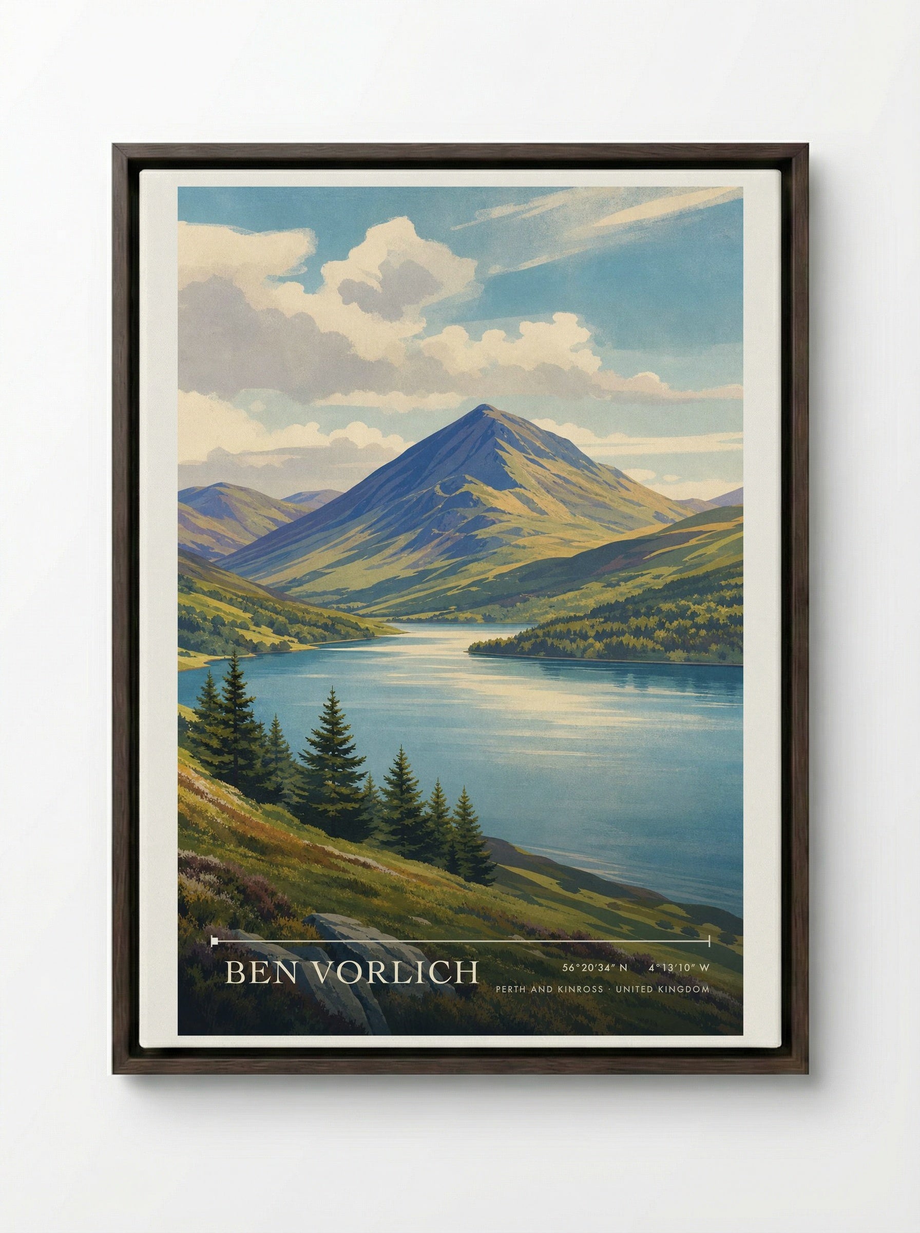 Ben Vorlich Perth and Kinross United Kingdom Travel Poster - Framed Canvas Dark Wood