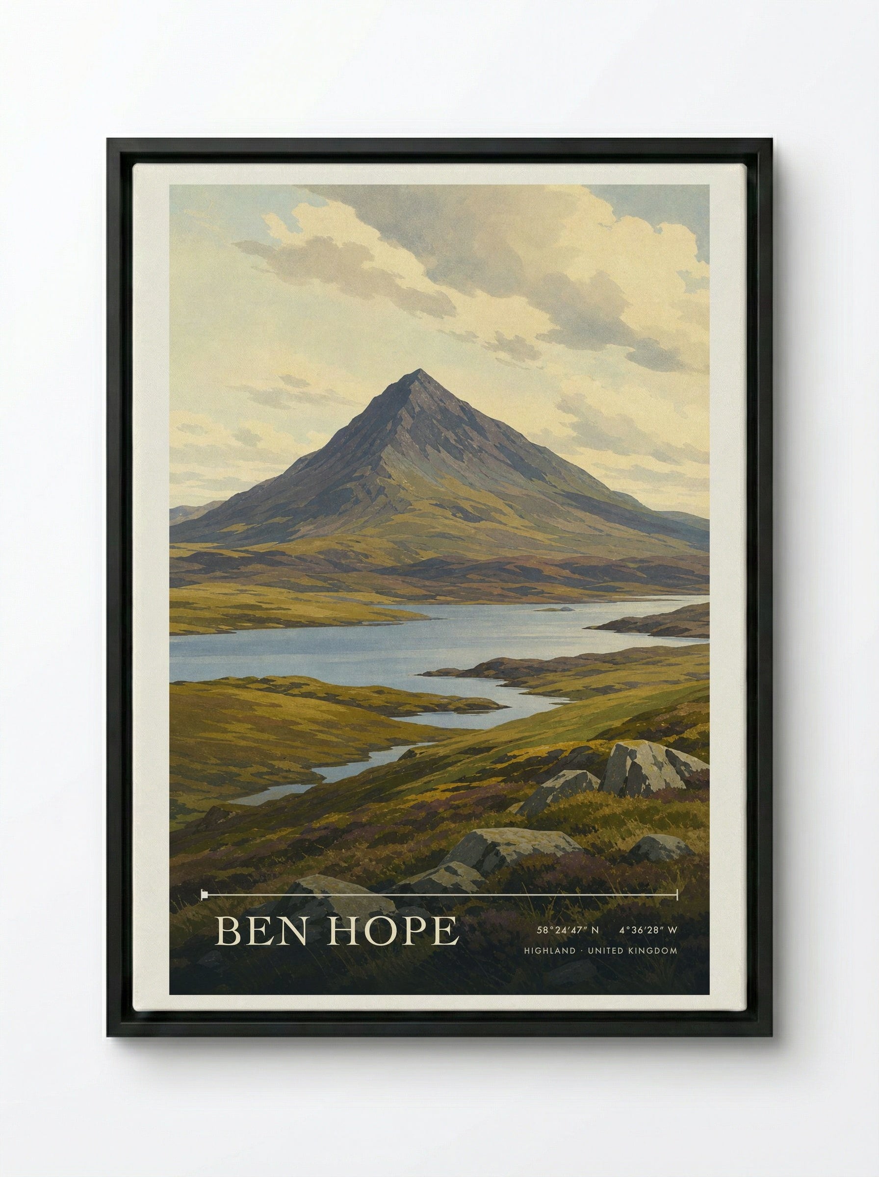 Ben Hope Highland United Kingdom Travel Poster - Framed Canvas Black