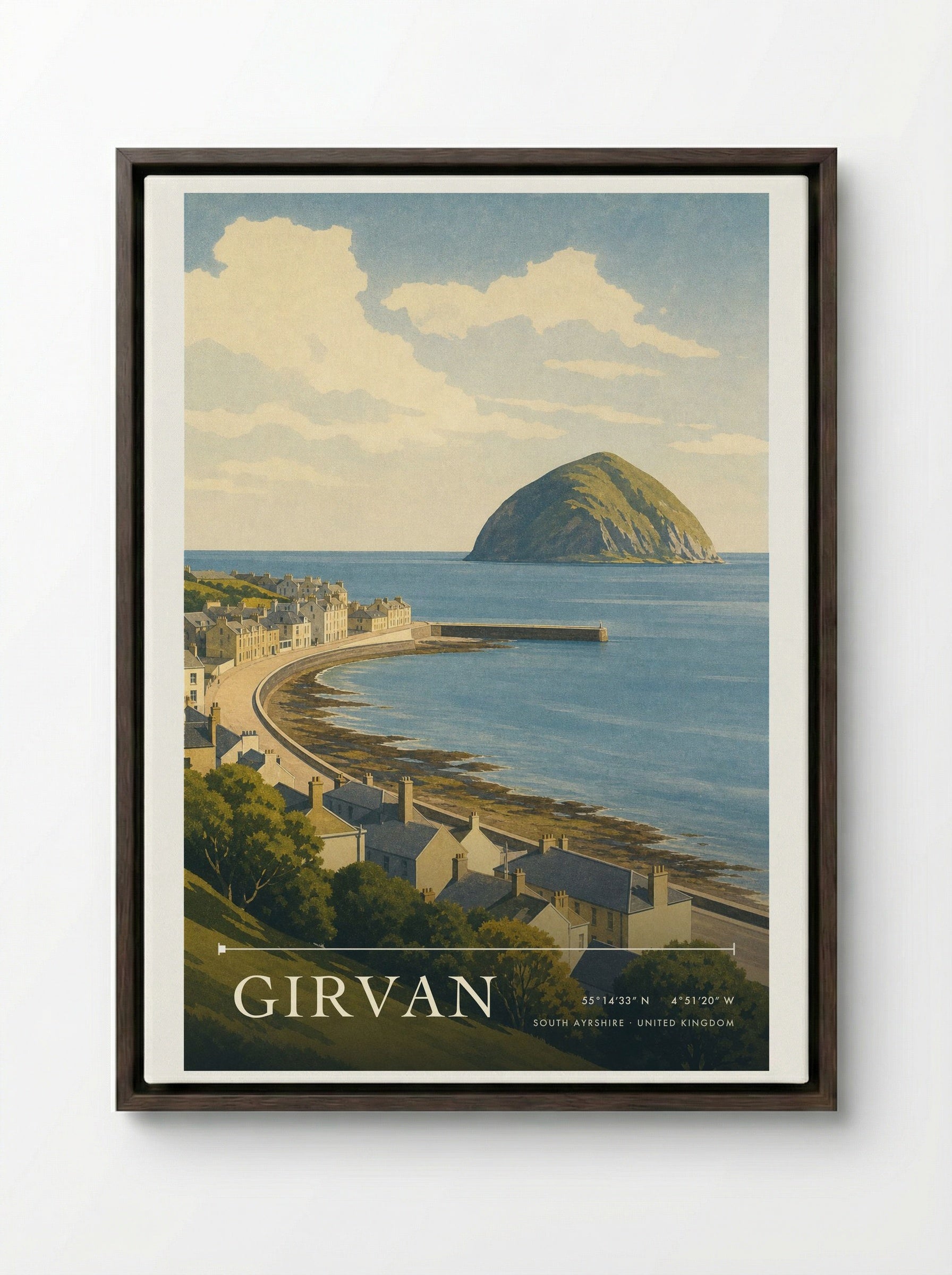 Girvan South Ayrshire United Kingdom Travel Poster - Framed Canvas Dark Wood