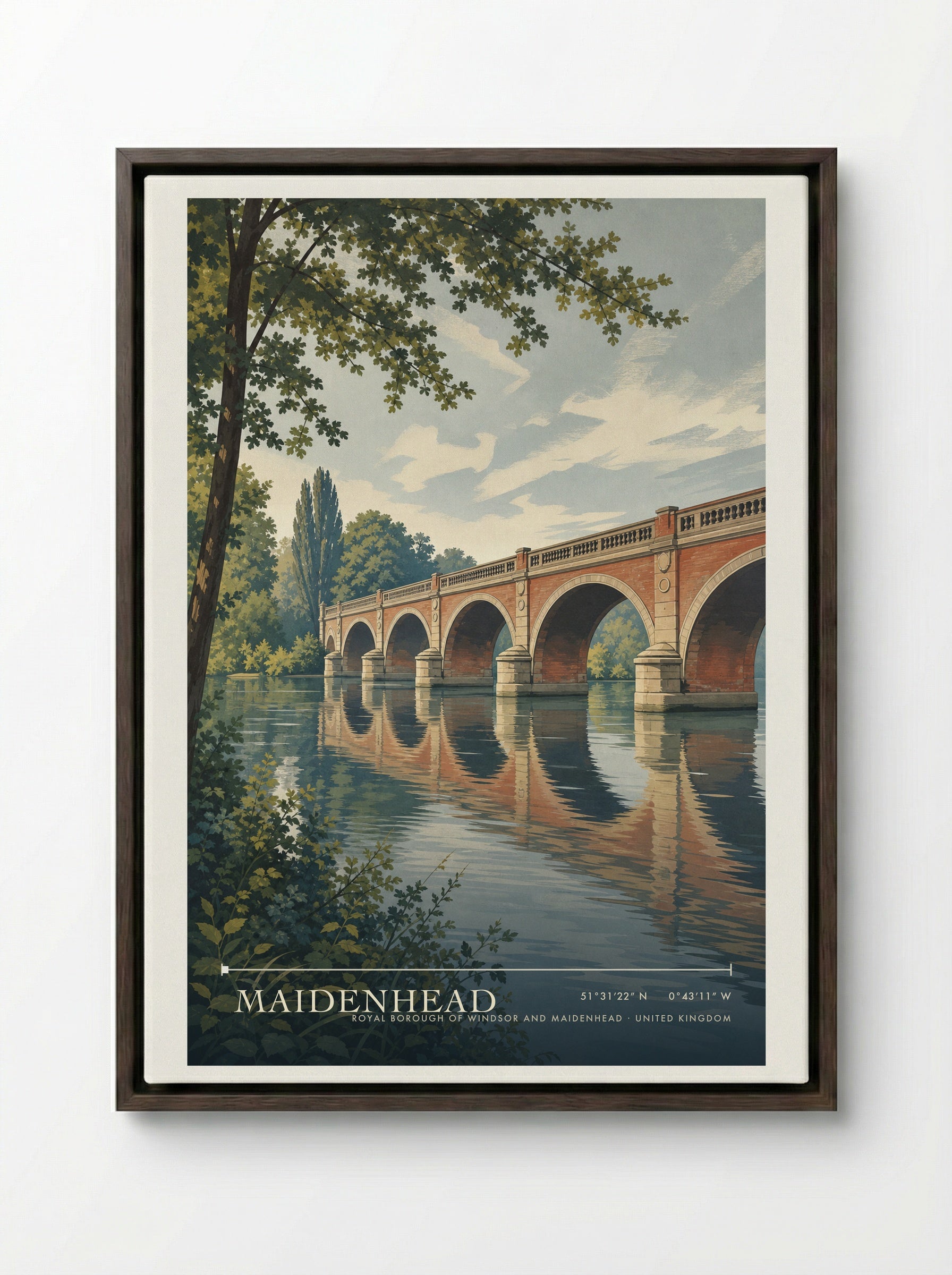 Maidenhead Royal Borough of Windsor and Maidenhead United Kingdom Travel Poster - Framed Canvas Dark Wood