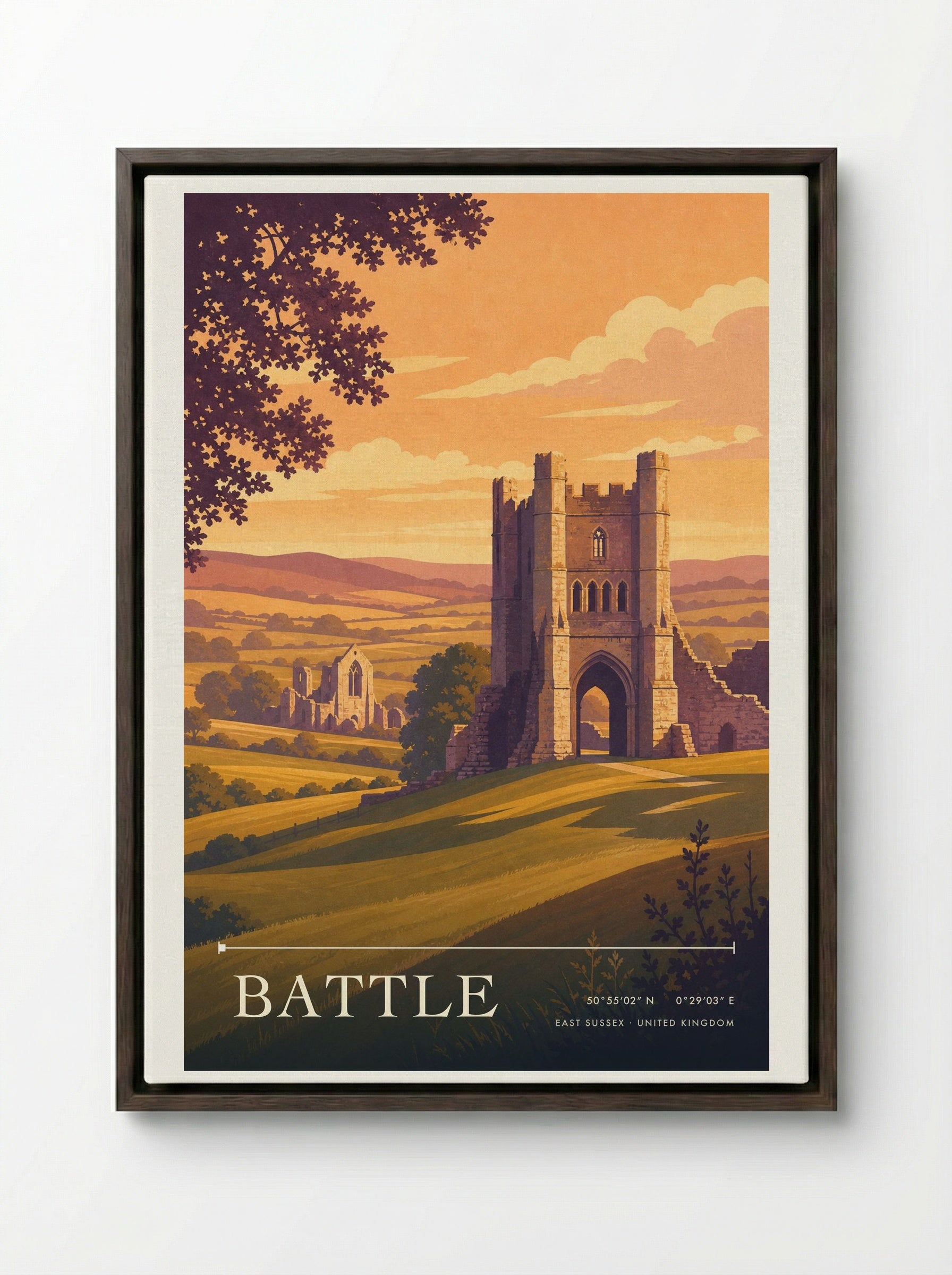 Battle East Sussex United Kingdom Travel Poster - Framed Canvas Dark Wood