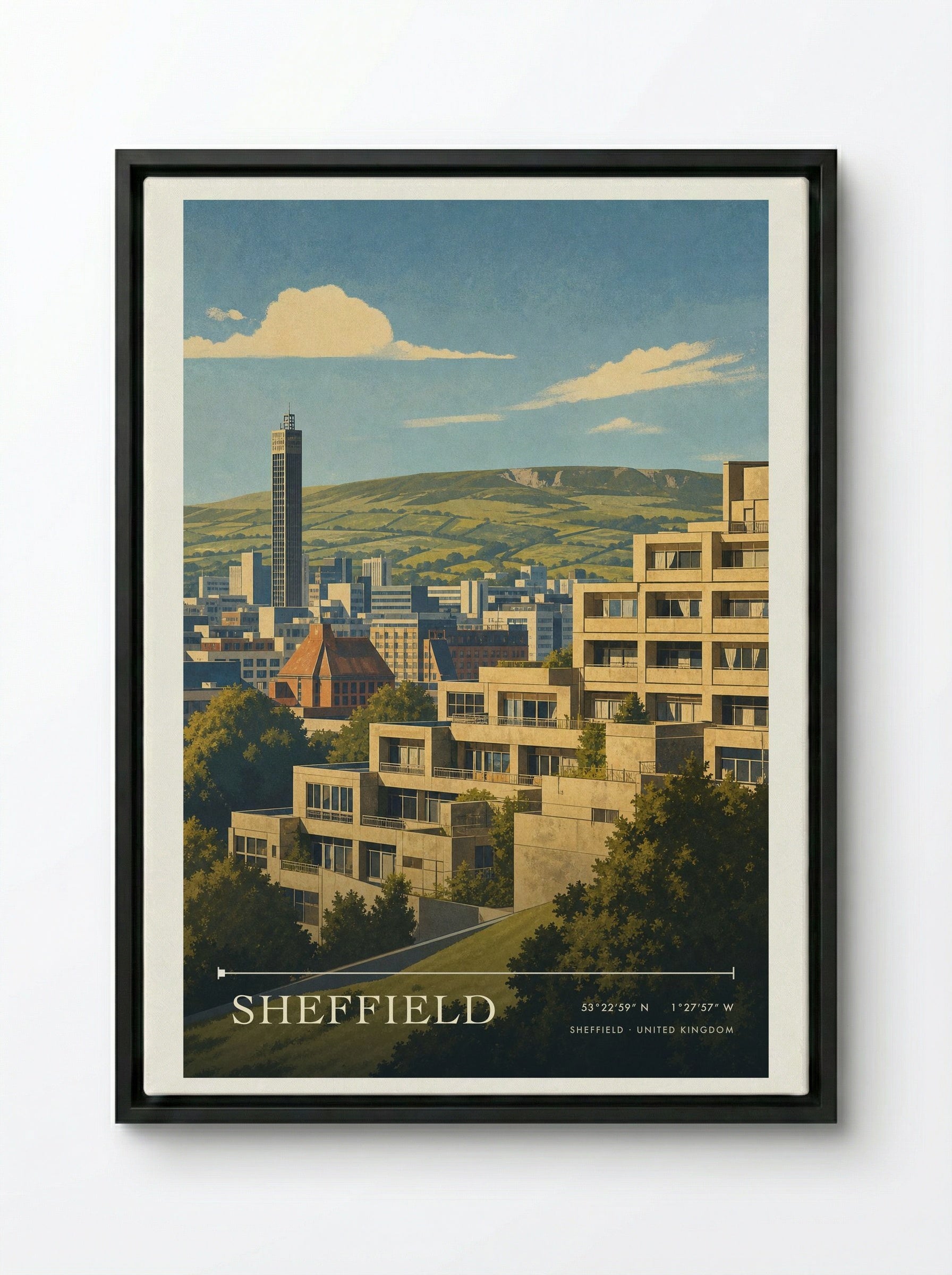 Sheffield United Kingdom Travel Poster - Framed Canvas Black