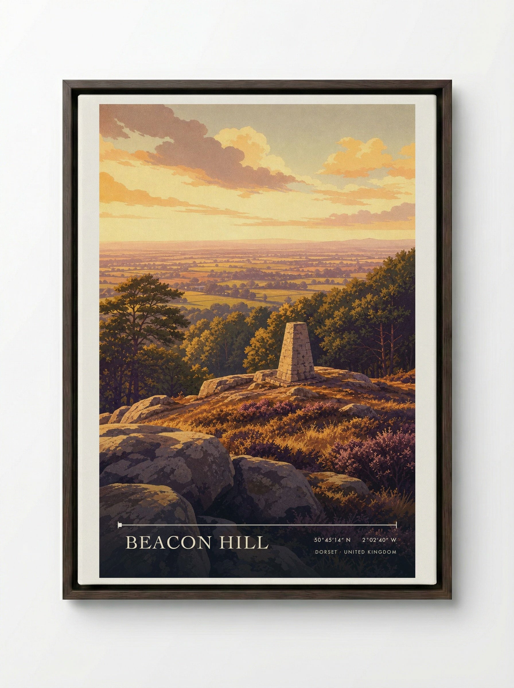 Beacon Hill Dorset United Kingdom Travel Poster - Framed Canvas Dark Wood