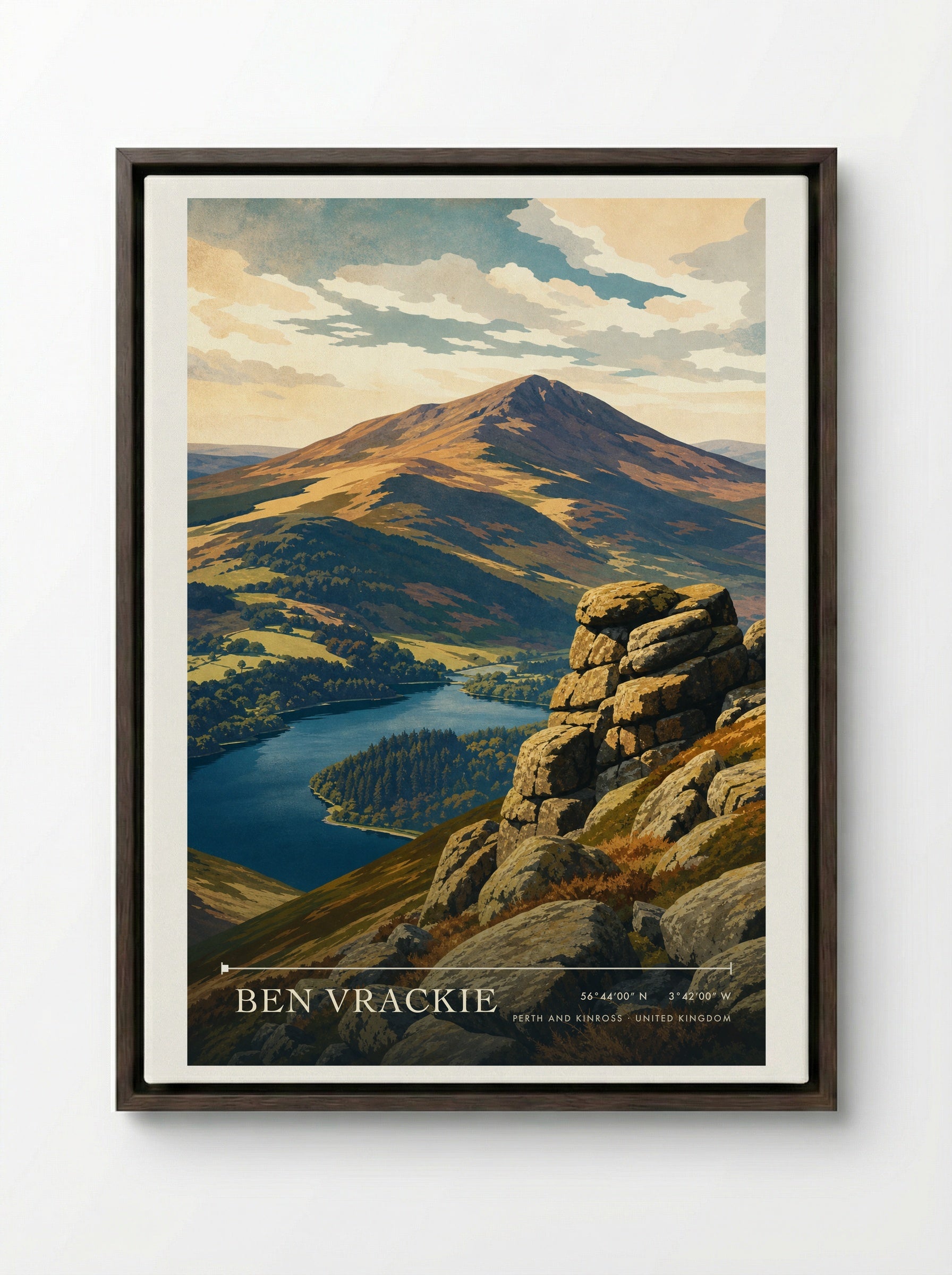 Ben Vrackie Perth and Kinross United Kingdom Travel Poster - Framed Canvas Dark Wood