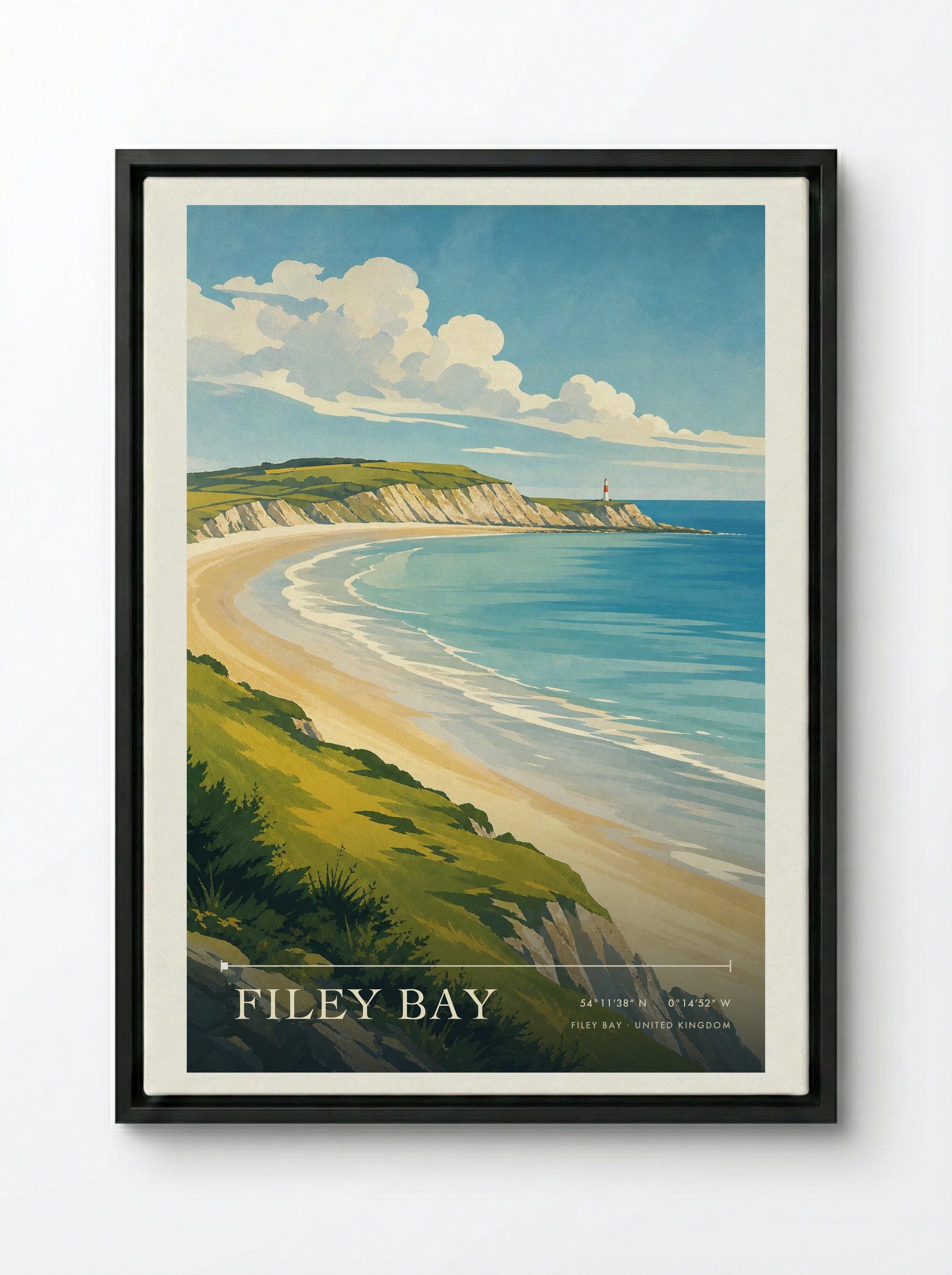 Filey Bay United Kingdom Travel Poster - Framed Canvas Black