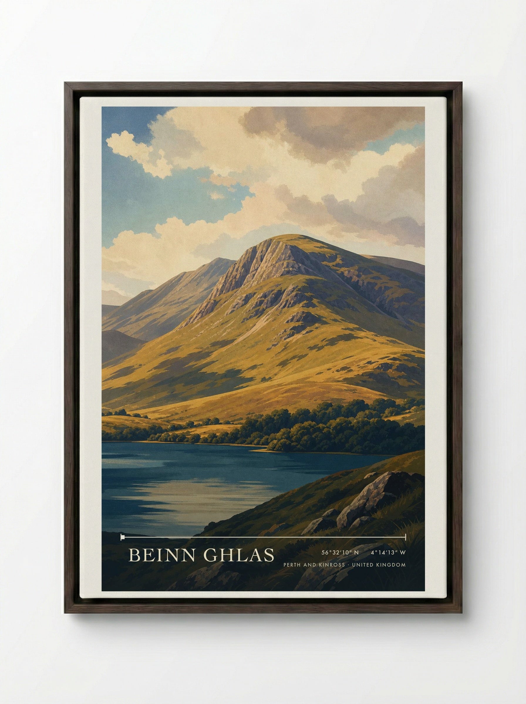 Beinn Ghlas Perth and Kinross United Kingdom Travel Poster - Framed Canvas Dark Wood