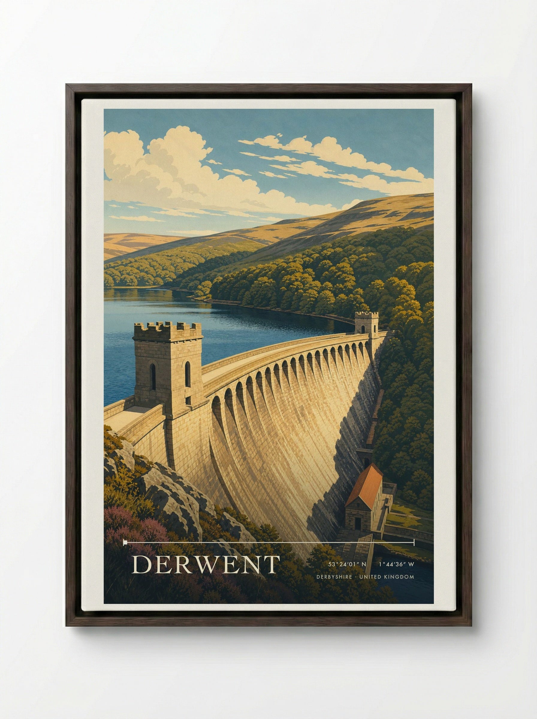 Derwent Derbyshire United Kingdom Travel Poster - Framed Canvas Dark Wood