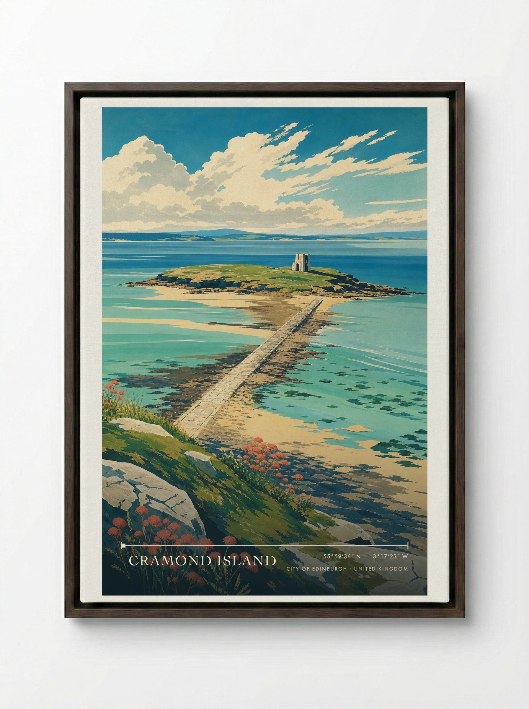 Cramond Island City of Edinburgh United Kingdom Travel Poster - Framed Canvas Dark Wood