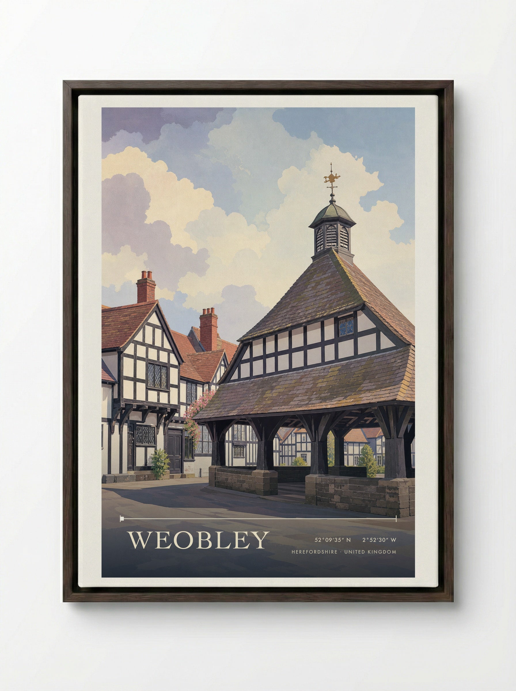 Weobley Herefordshire United Kingdom Travel Poster - Framed Canvas Dark Wood