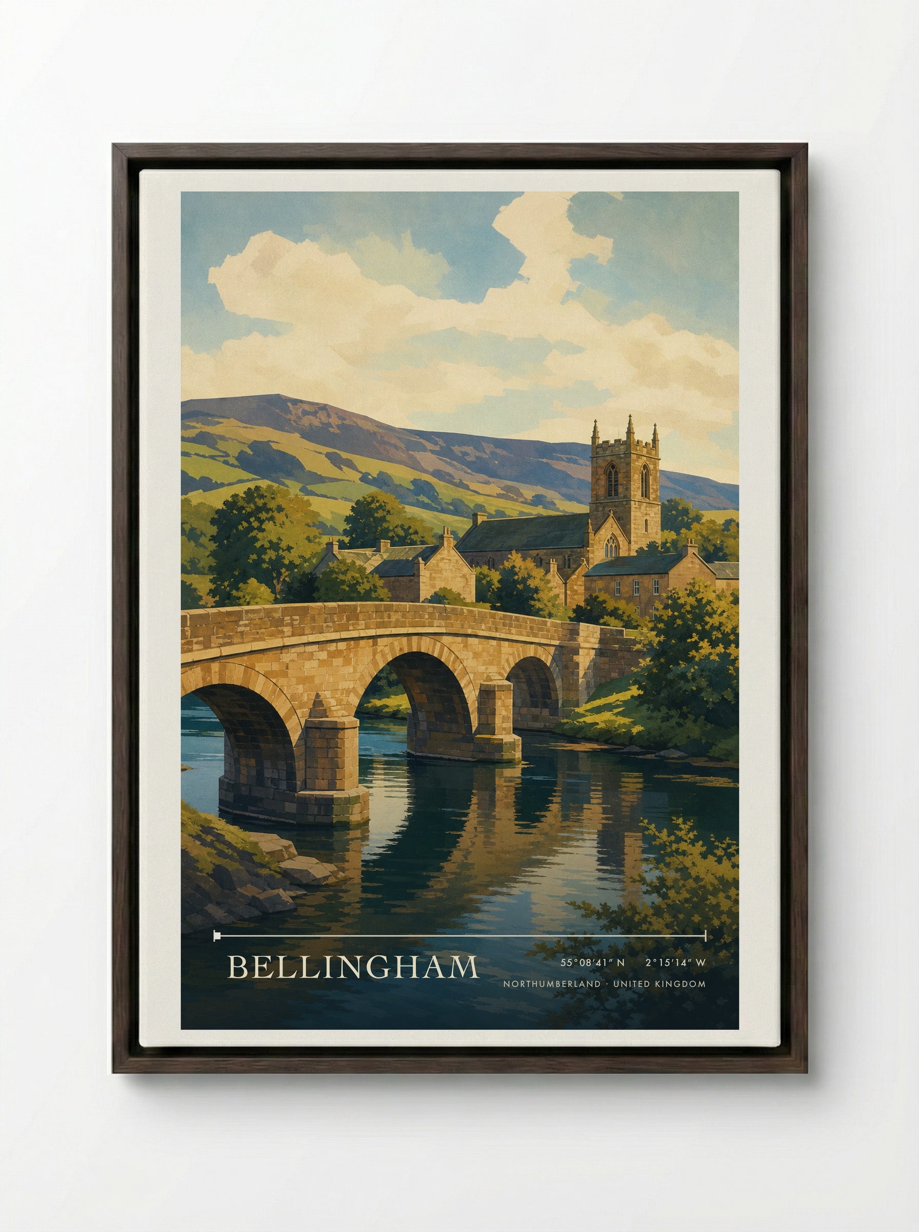 Bellingham Northumberland United Kingdom Travel Poster - Framed Canvas Dark Wood