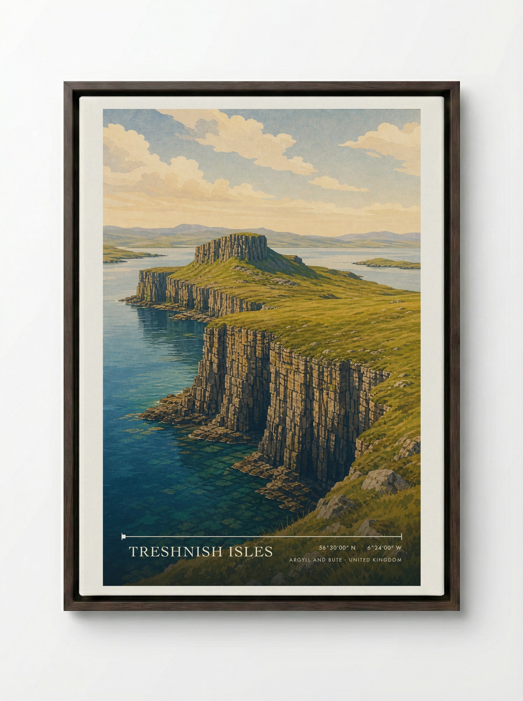 Treshnish Isles Argyll and Bute United Kingdom Travel Poster - Framed Canvas Dark Wood