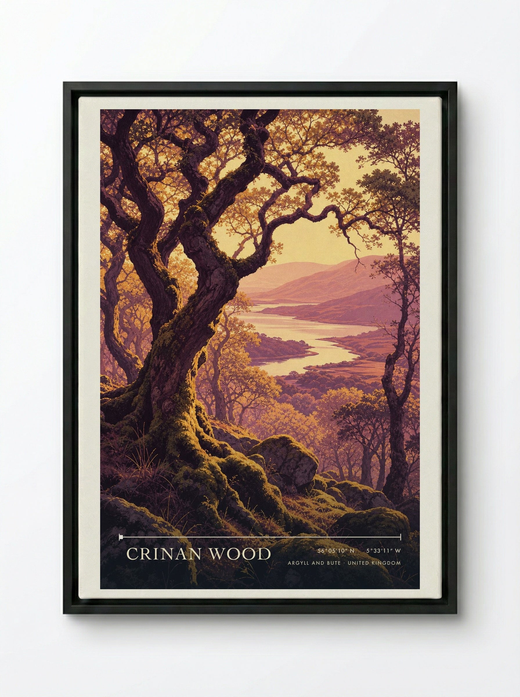 Crinan Wood Argyll and Bute United Kingdom Travel Poster - Framed Canvas Black