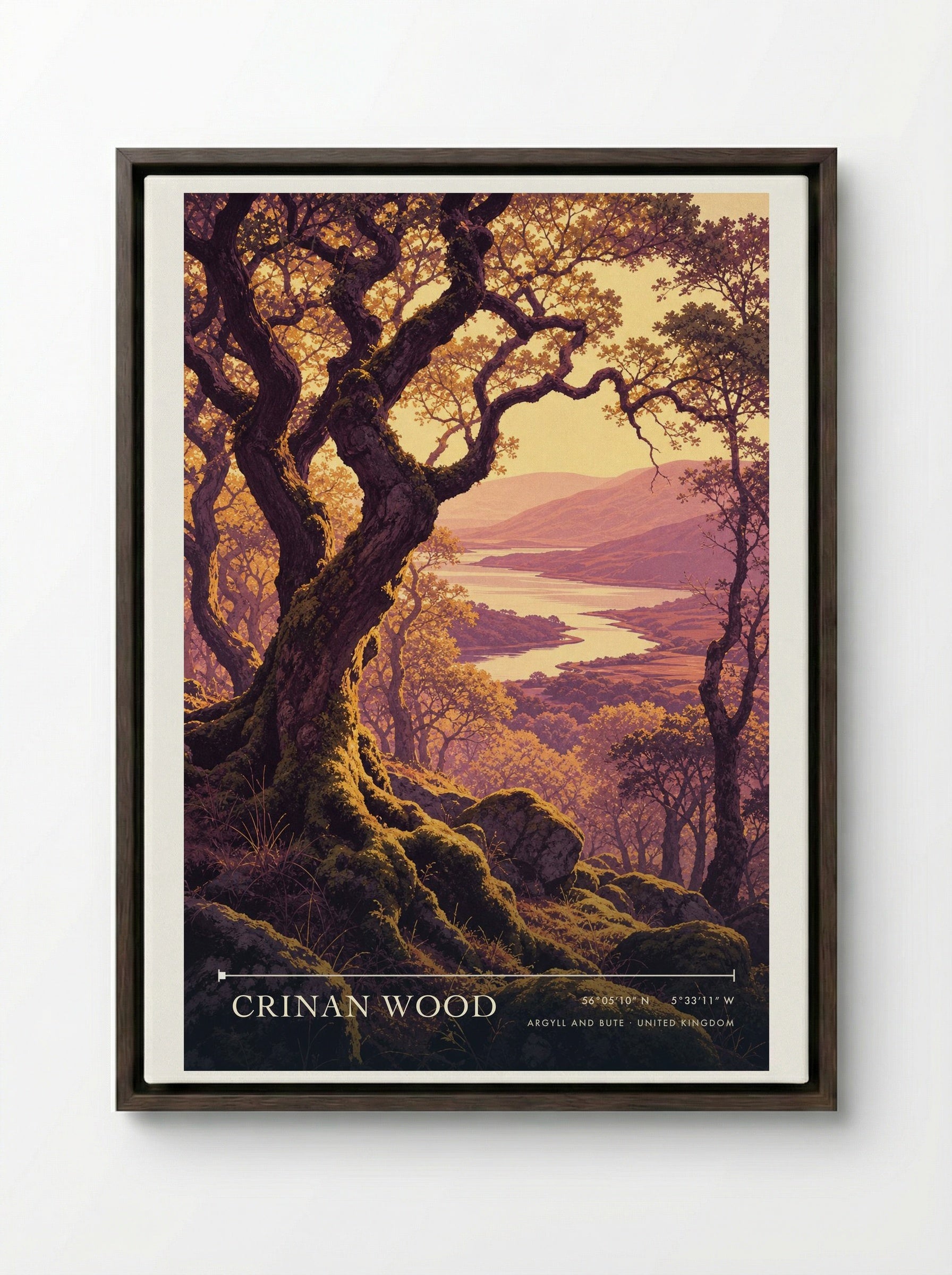 Crinan Wood Argyll and Bute United Kingdom Travel Poster - Framed Canvas Dark Wood