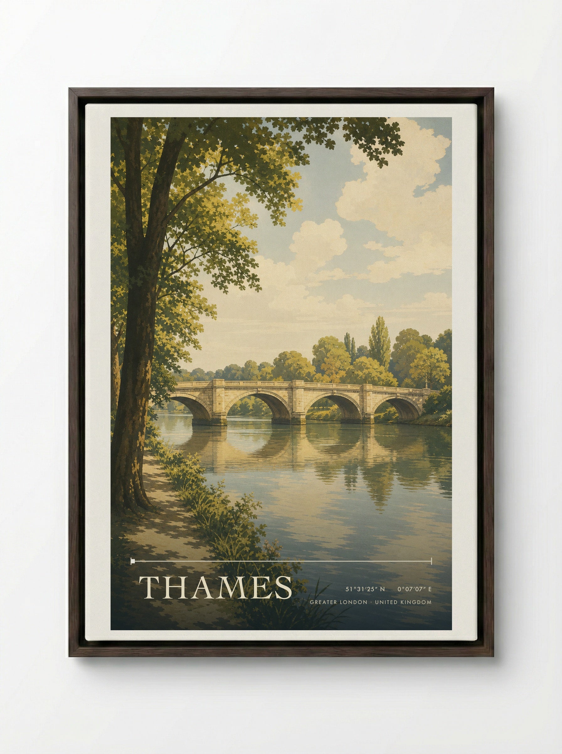 Thames Greater London United Kingdom Travel Poster - Framed Canvas Dark Wood