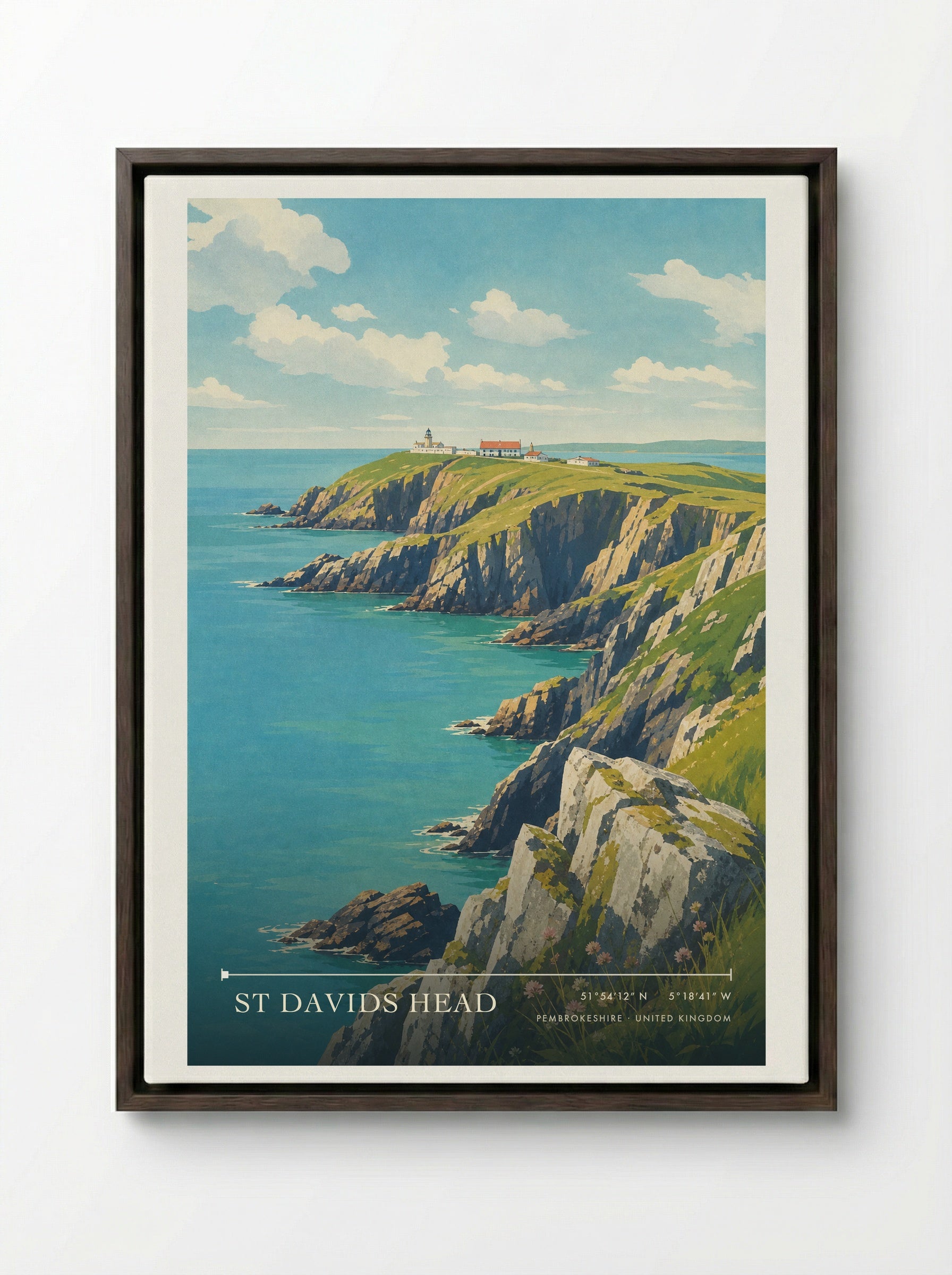 St Davids Head Pembrokeshire United Kingdom Travel Poster - Framed Canvas Dark Wood
