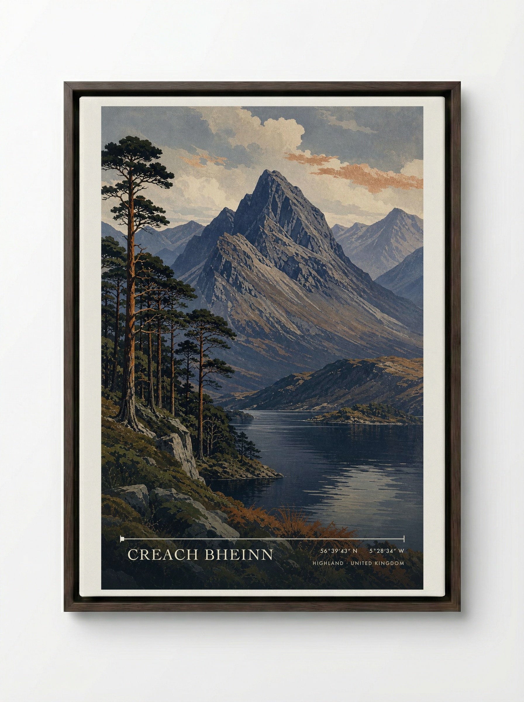 Creach Bheinn Highland United Kingdom Travel Poster - Framed Canvas Dark Wood