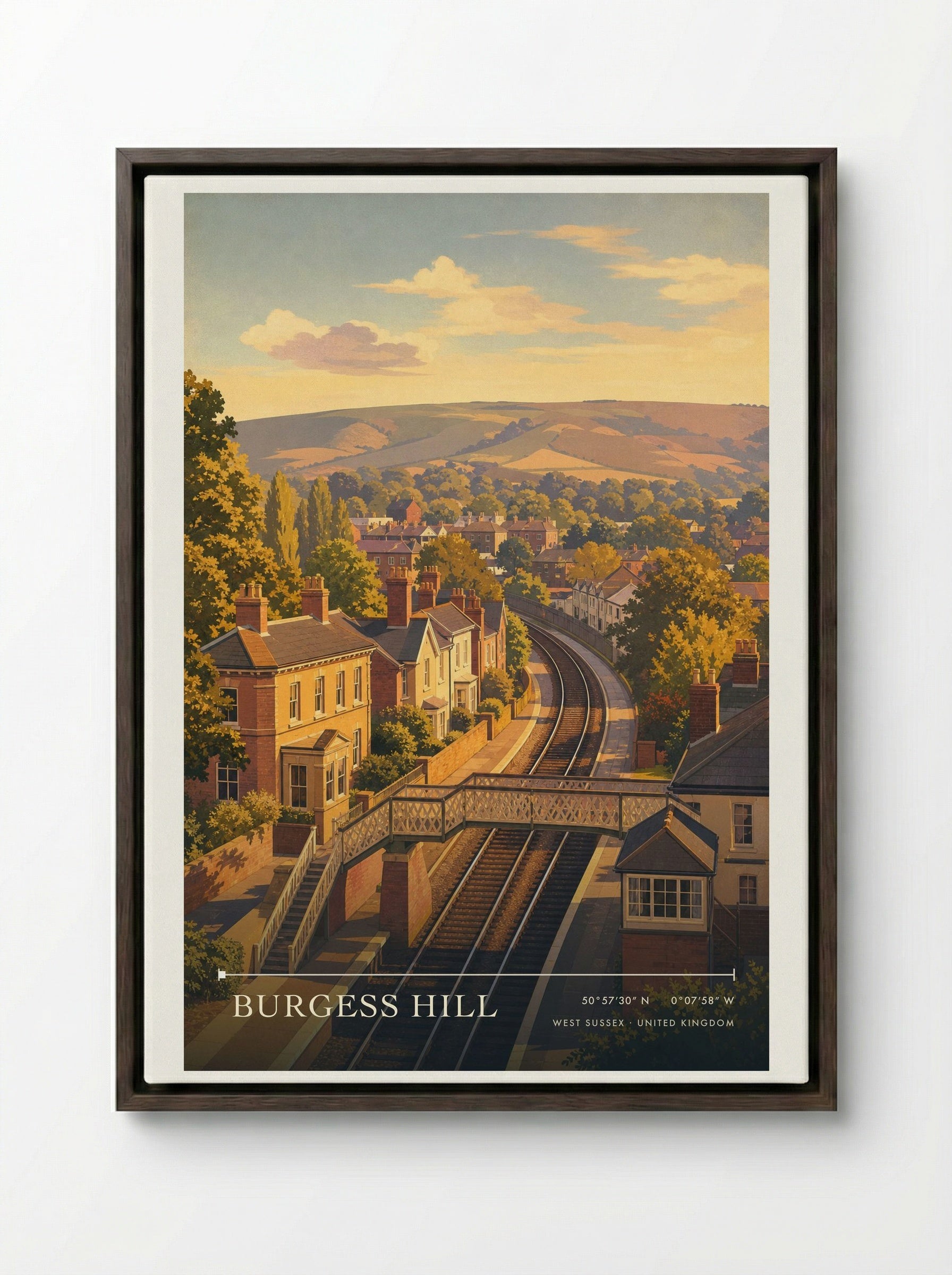 Burgess Hill West Sussex United Kingdom Travel Poster - Framed Canvas Dark Wood