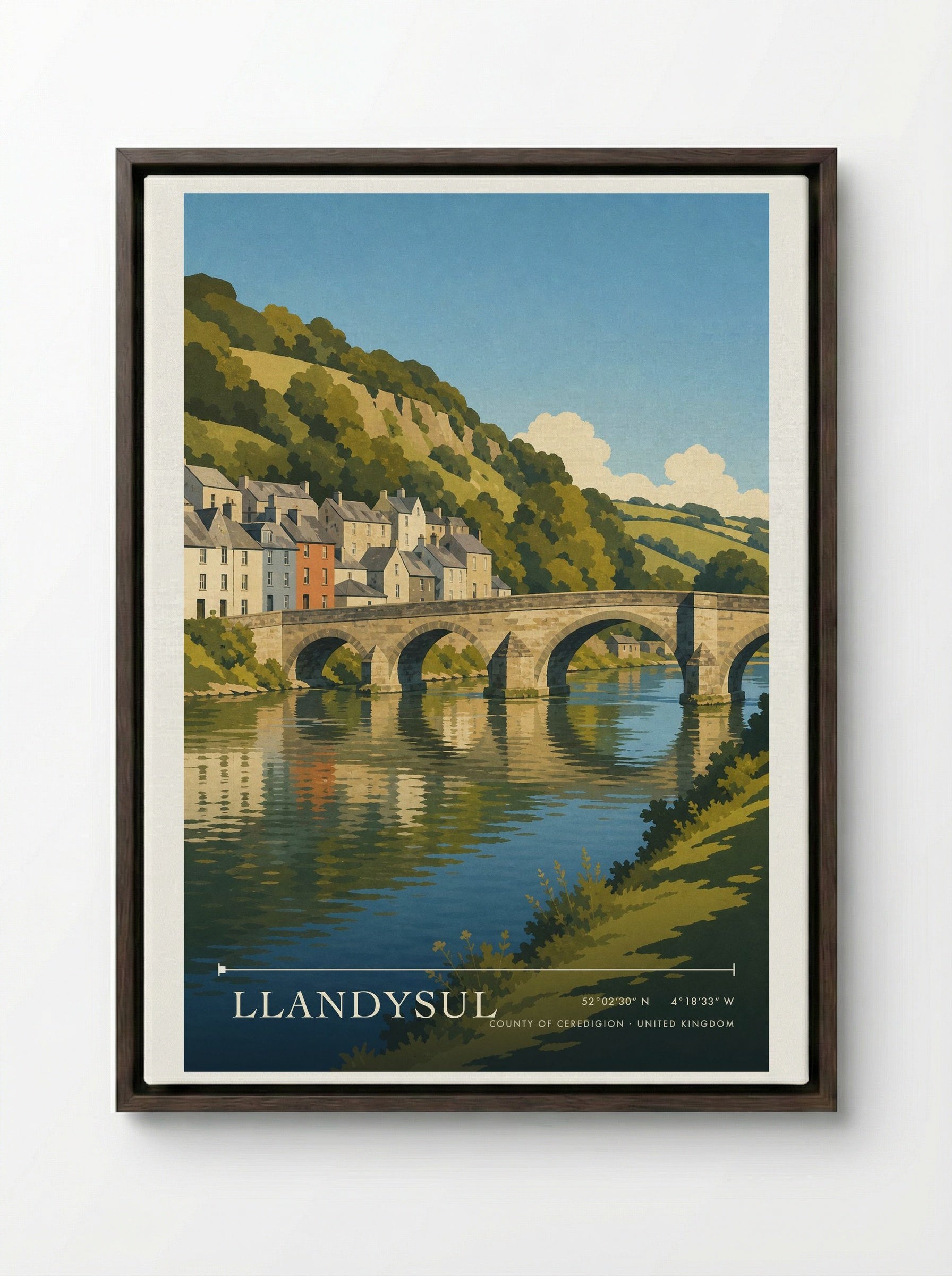 Llandysul County of Ceredigion United Kingdom Travel Poster - Framed Canvas Dark Wood