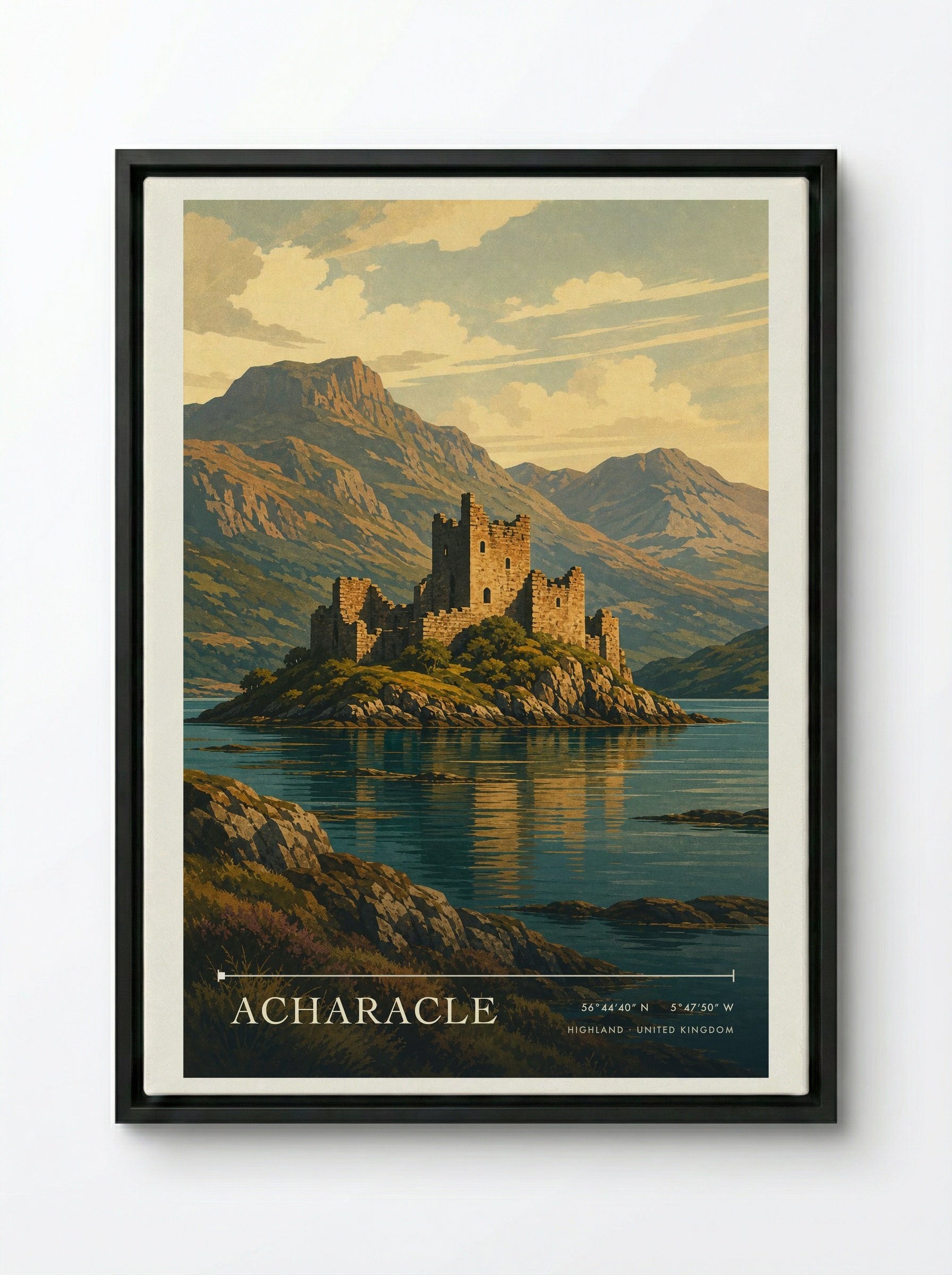 Acharacle Highland United Kingdom Travel Poster - Framed Canvas Black