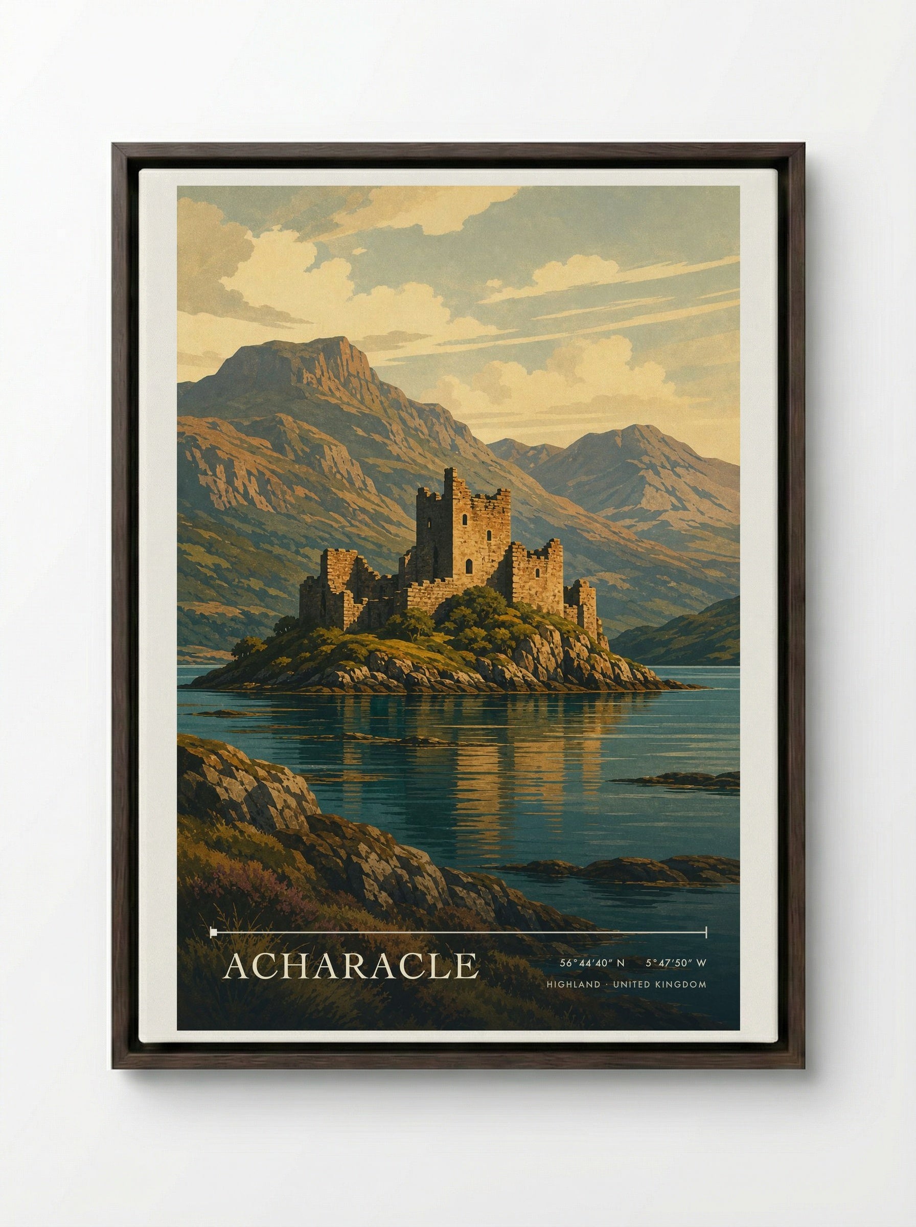 Acharacle Highland United Kingdom Travel Poster - Framed Canvas Dark Wood