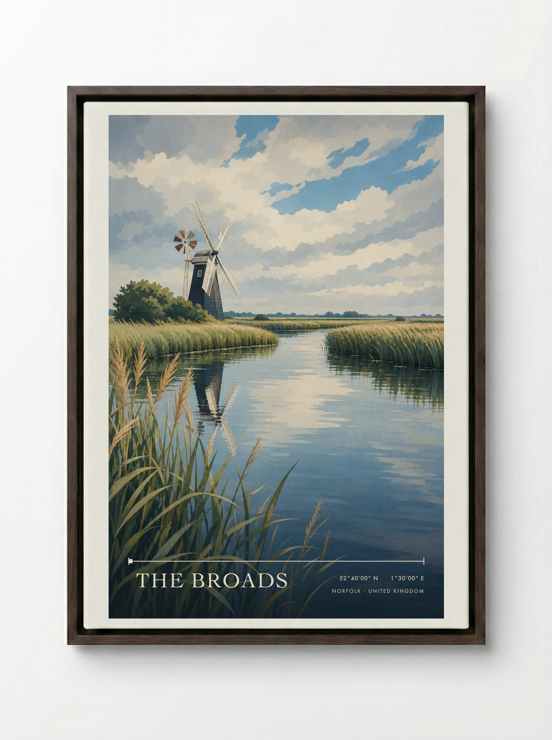 The Broads Norfolk United Kingdom Travel Poster - Framed Canvas Dark Wood