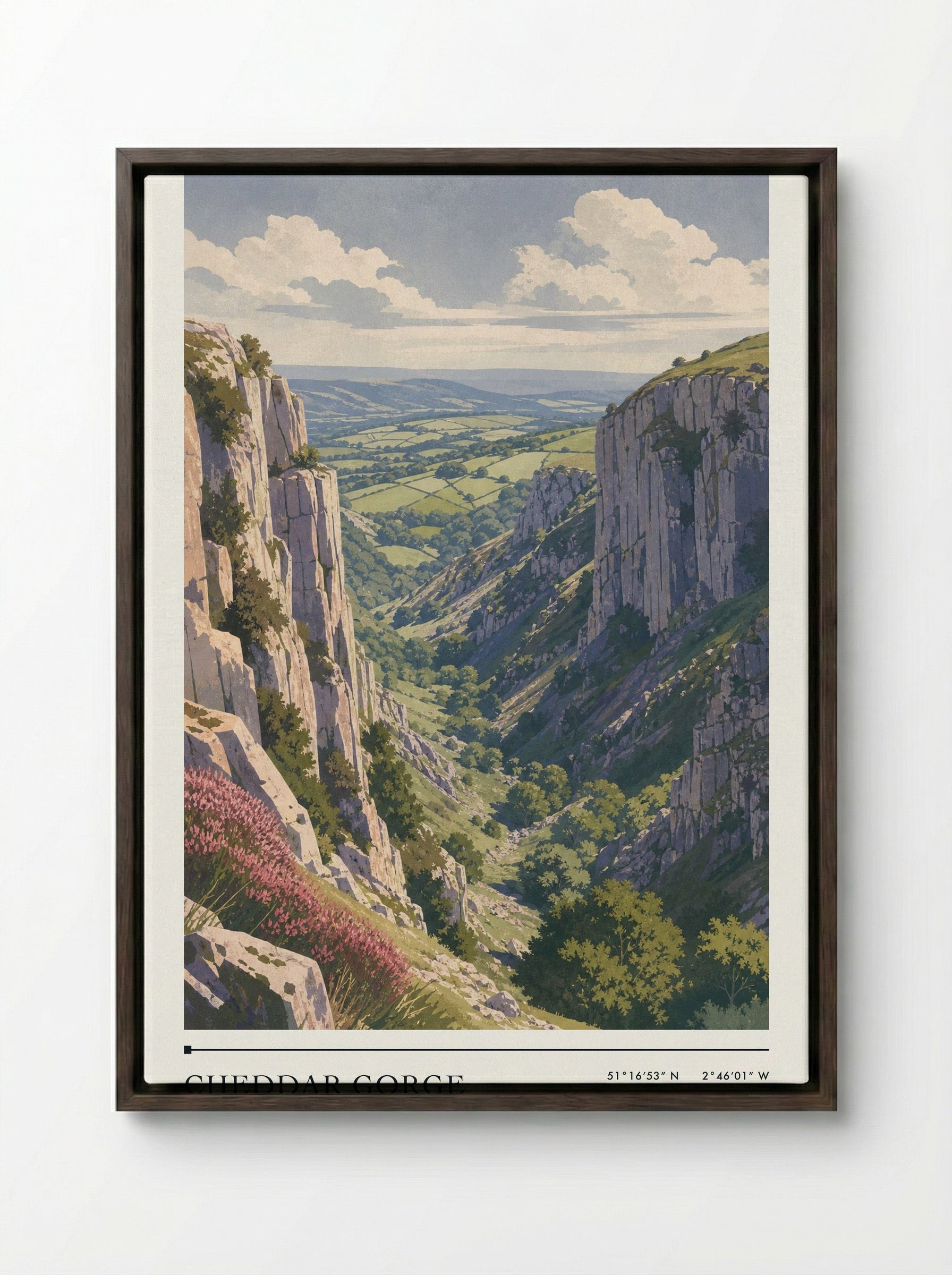 Cheddar Gorge Somerset United Kingdom Travel Poster - Framed Canvas Dark Wood