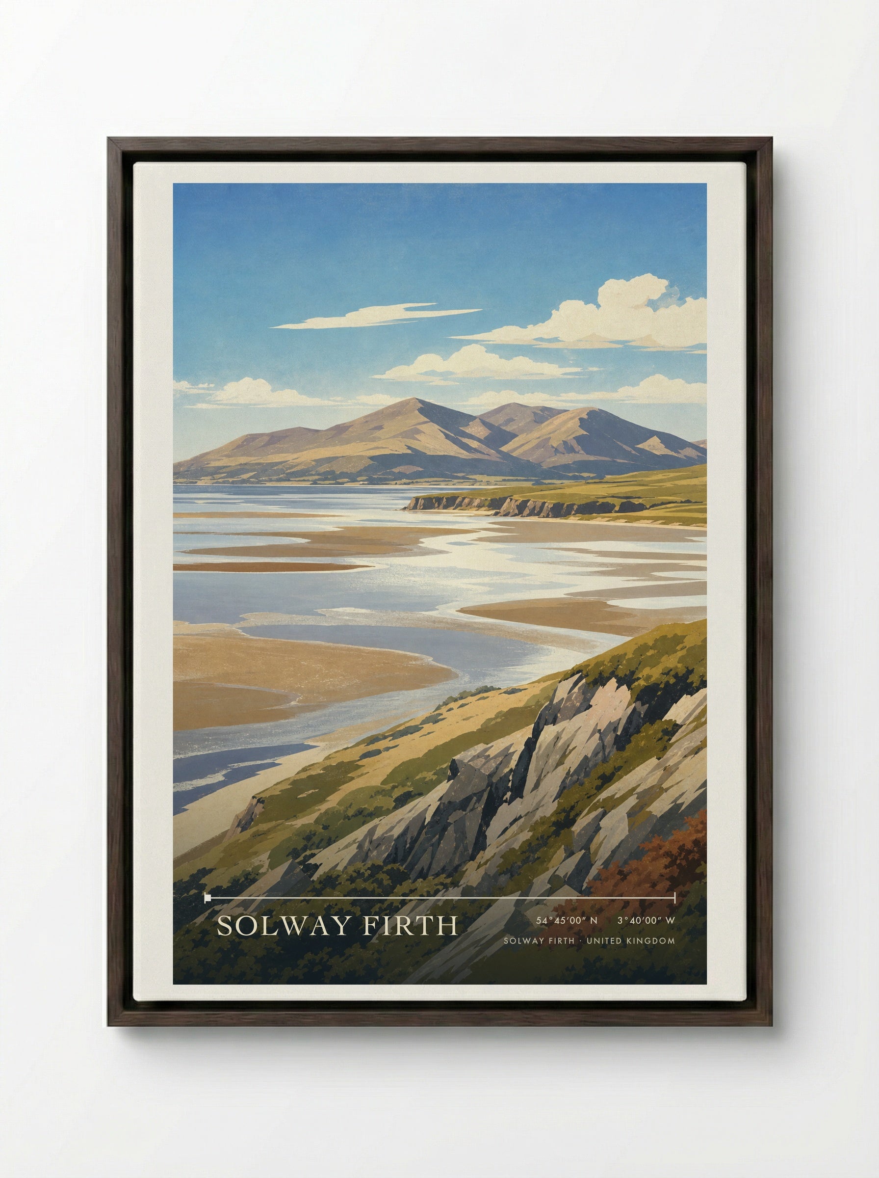 Solway Firth United Kingdom Travel Poster - Framed Canvas Dark Wood