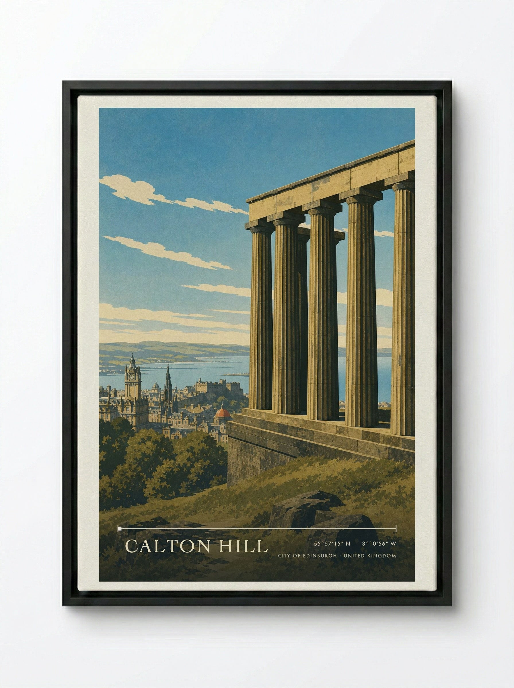 Calton Hill City of Edinburgh United Kingdom Travel Poster - Framed Canvas Black