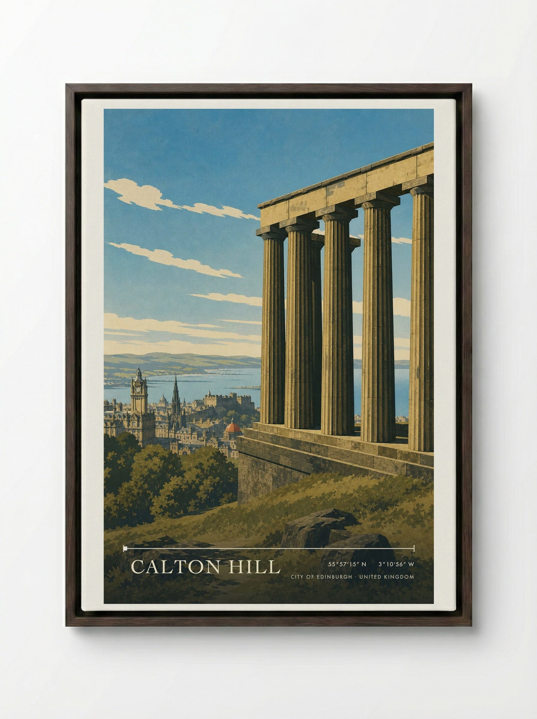 Calton Hill City of Edinburgh United Kingdom Travel Poster - Framed Canvas Dark Wood
