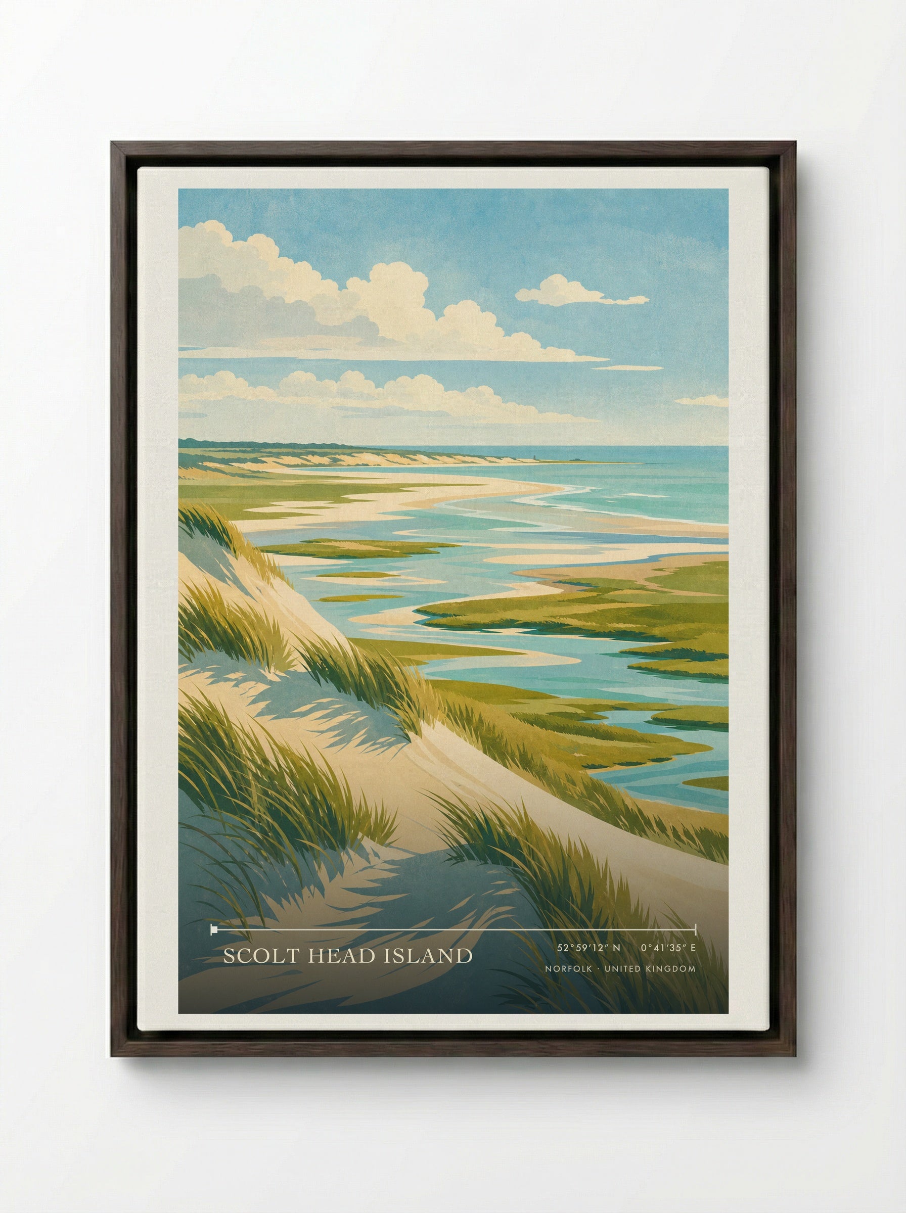 Scolt Head Island Norfolk United Kingdom Travel Poster - Framed Canvas Dark Wood
