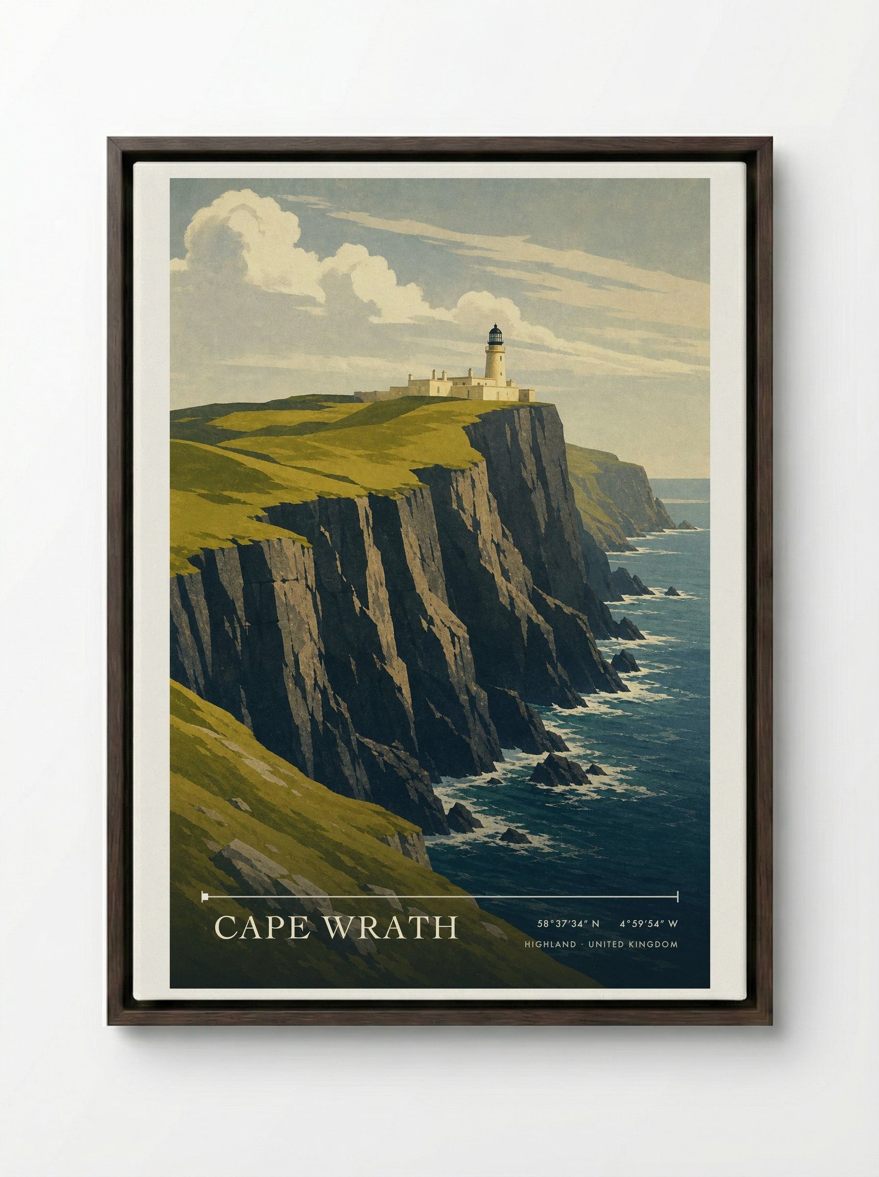 Cape Wrath Highland United Kingdom Travel Poster - Framed Canvas Dark Wood