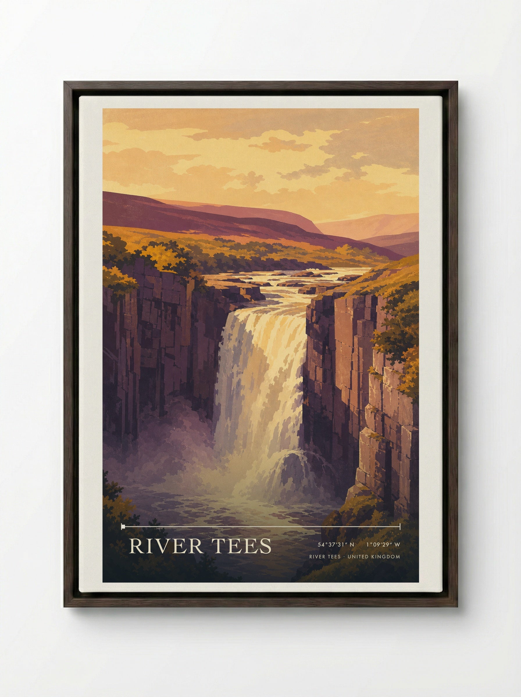 River Tees United Kingdom Travel Poster - Framed Canvas Dark Wood