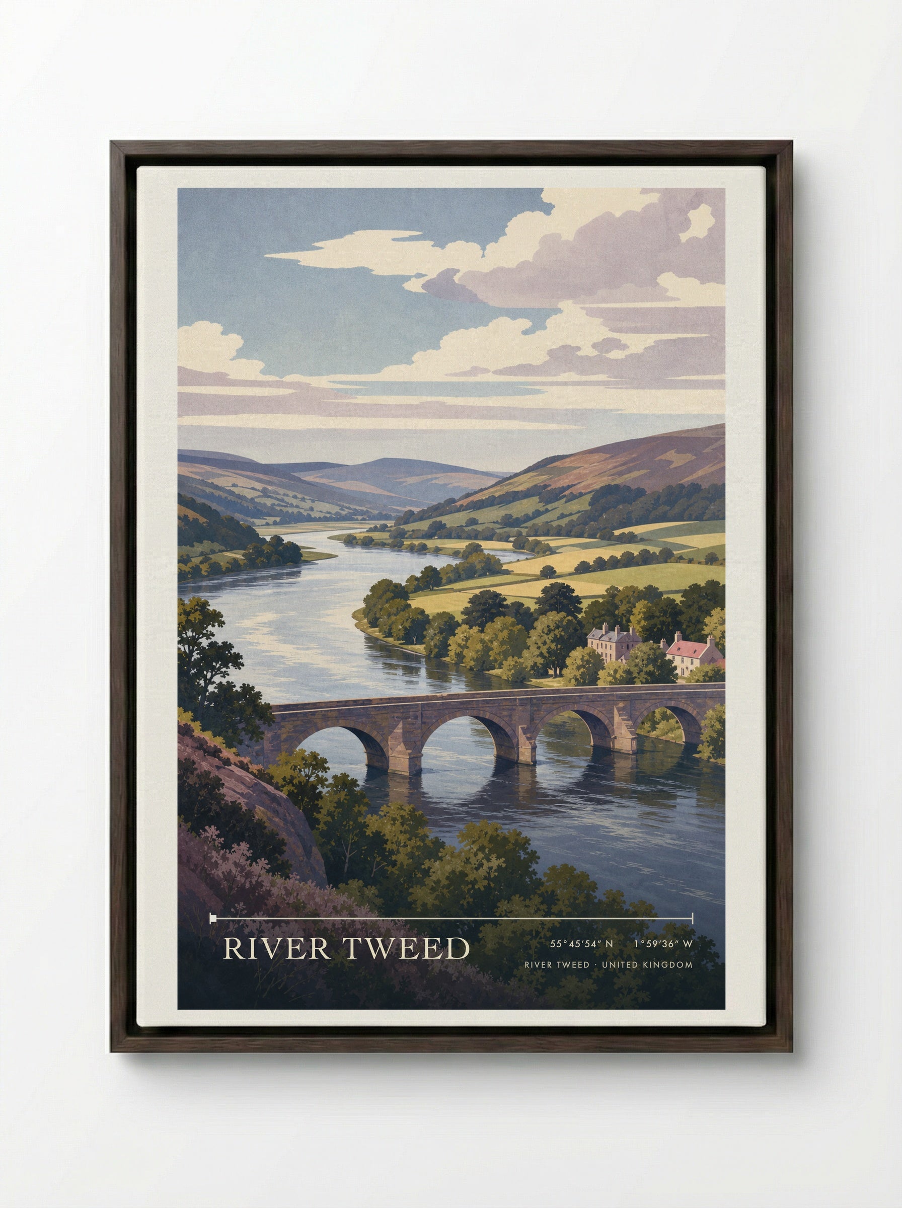 River Tweed United Kingdom Travel Poster - Framed Canvas Dark Wood