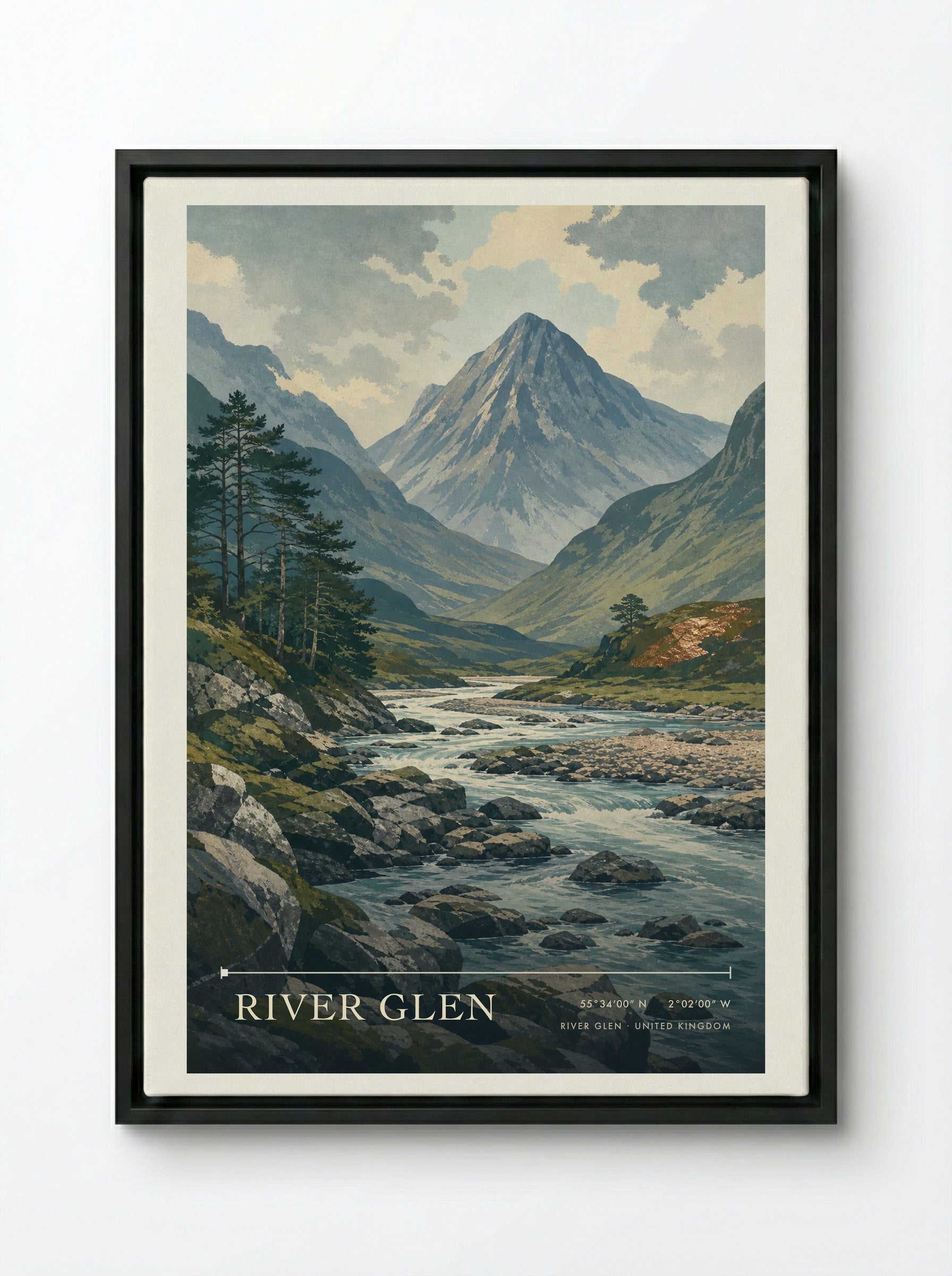 River Glen United Kingdom Travel Poster - Framed Canvas Black