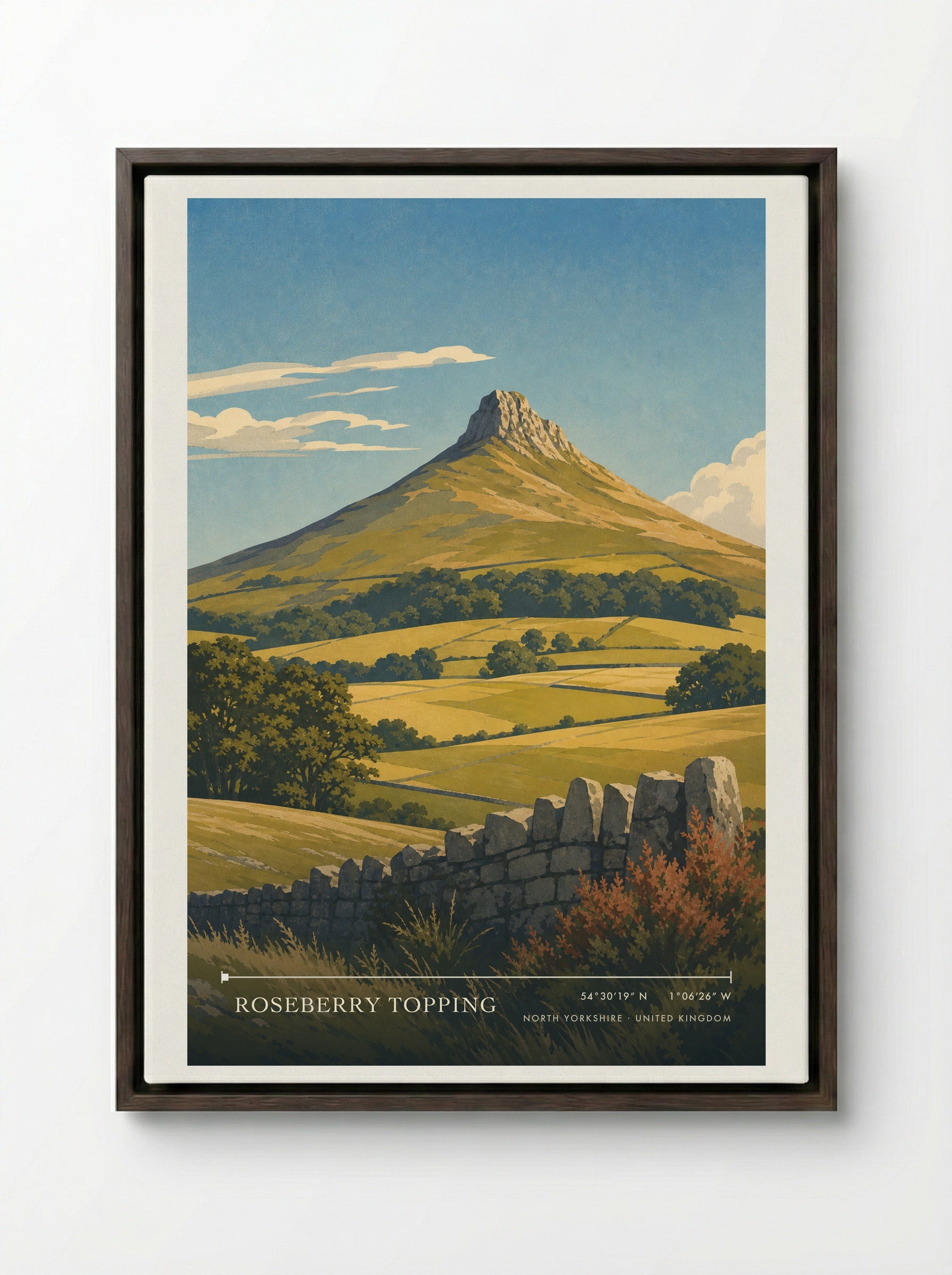 Roseberry Topping North Yorkshire United Kingdom Travel Poster - Framed Canvas Dark Wood
