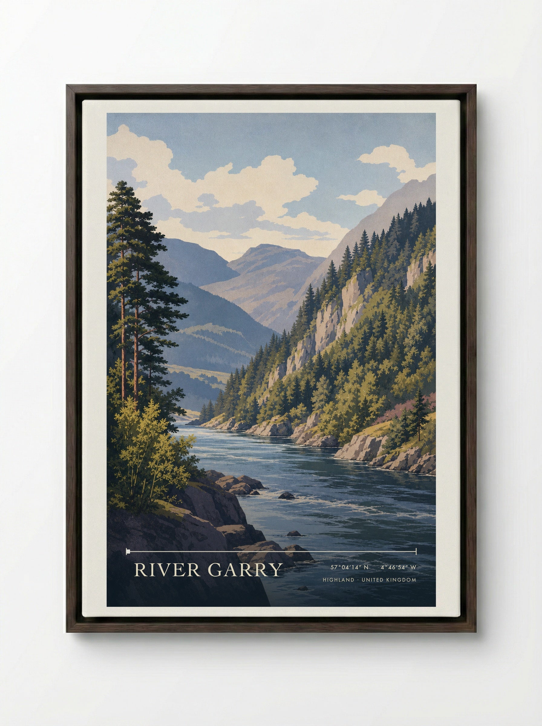 River Garry Highland United Kingdom Travel Poster - Framed Canvas Dark Wood