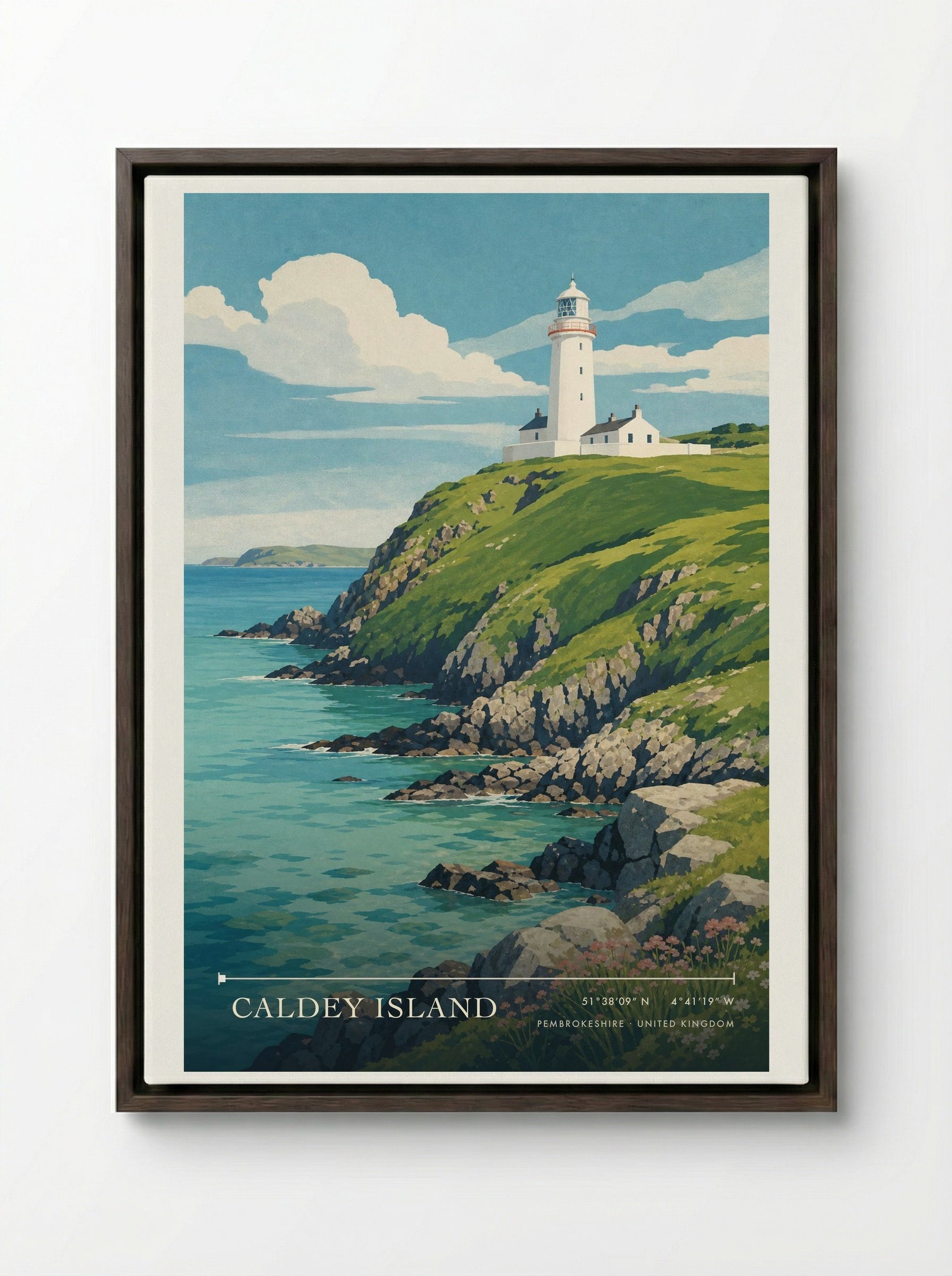 Caldey Island Pembrokeshire United Kingdom Travel Poster - Framed Canvas Dark Wood