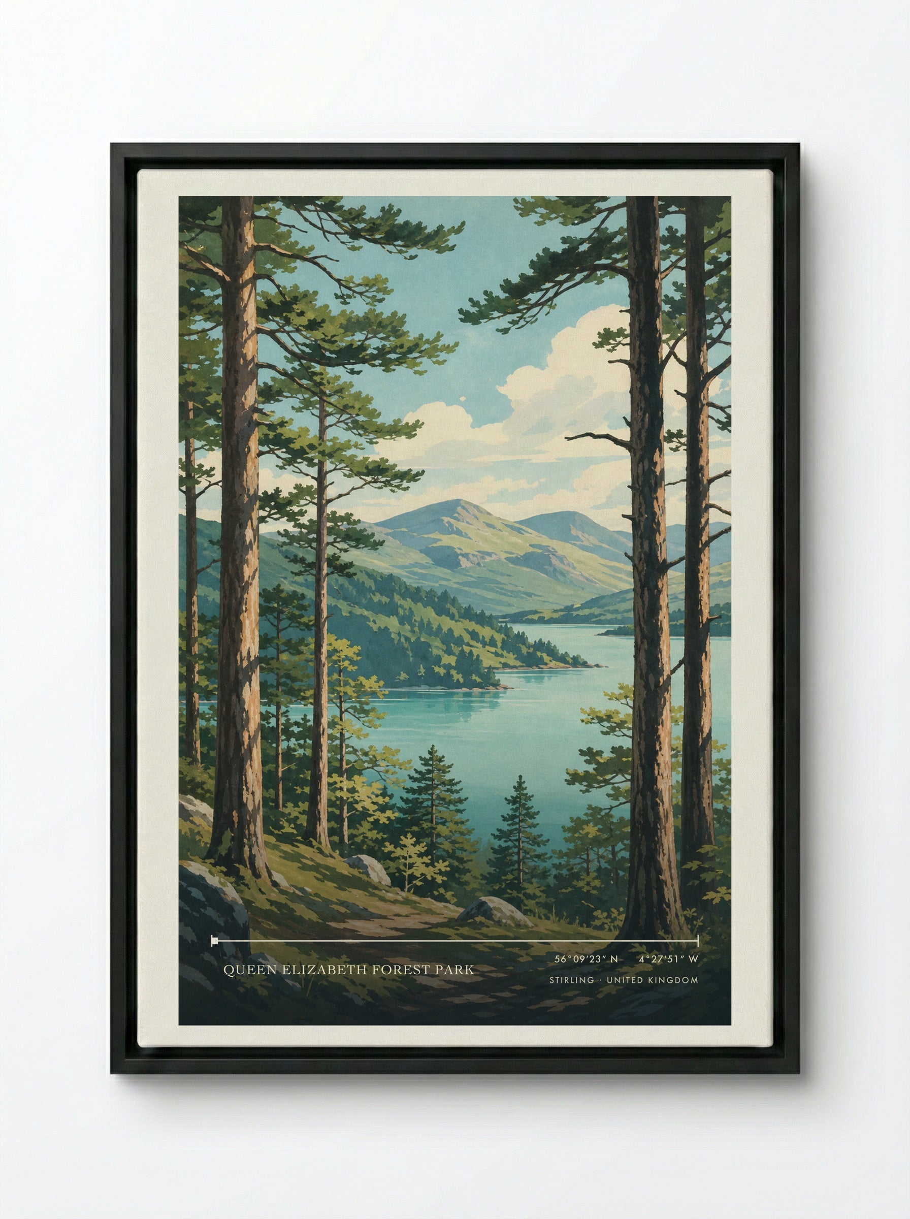Queen Elizabeth Forest Park Stirling United Kingdom Travel Poster - Framed Canvas Black