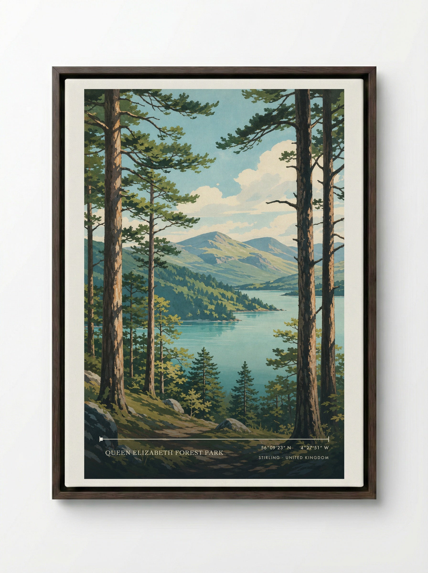 Queen Elizabeth Forest Park Stirling United Kingdom Travel Poster - Framed Canvas Dark Wood