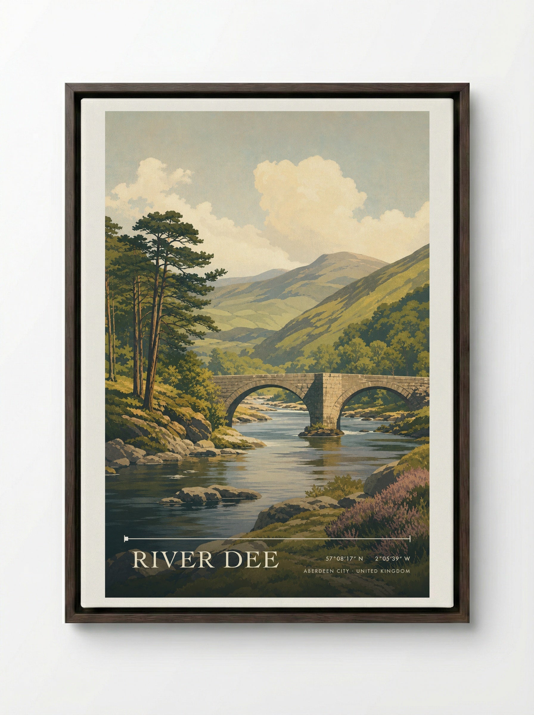 River Dee Aberdeen City United Kingdom Travel Poster - Framed Canvas Dark Wood