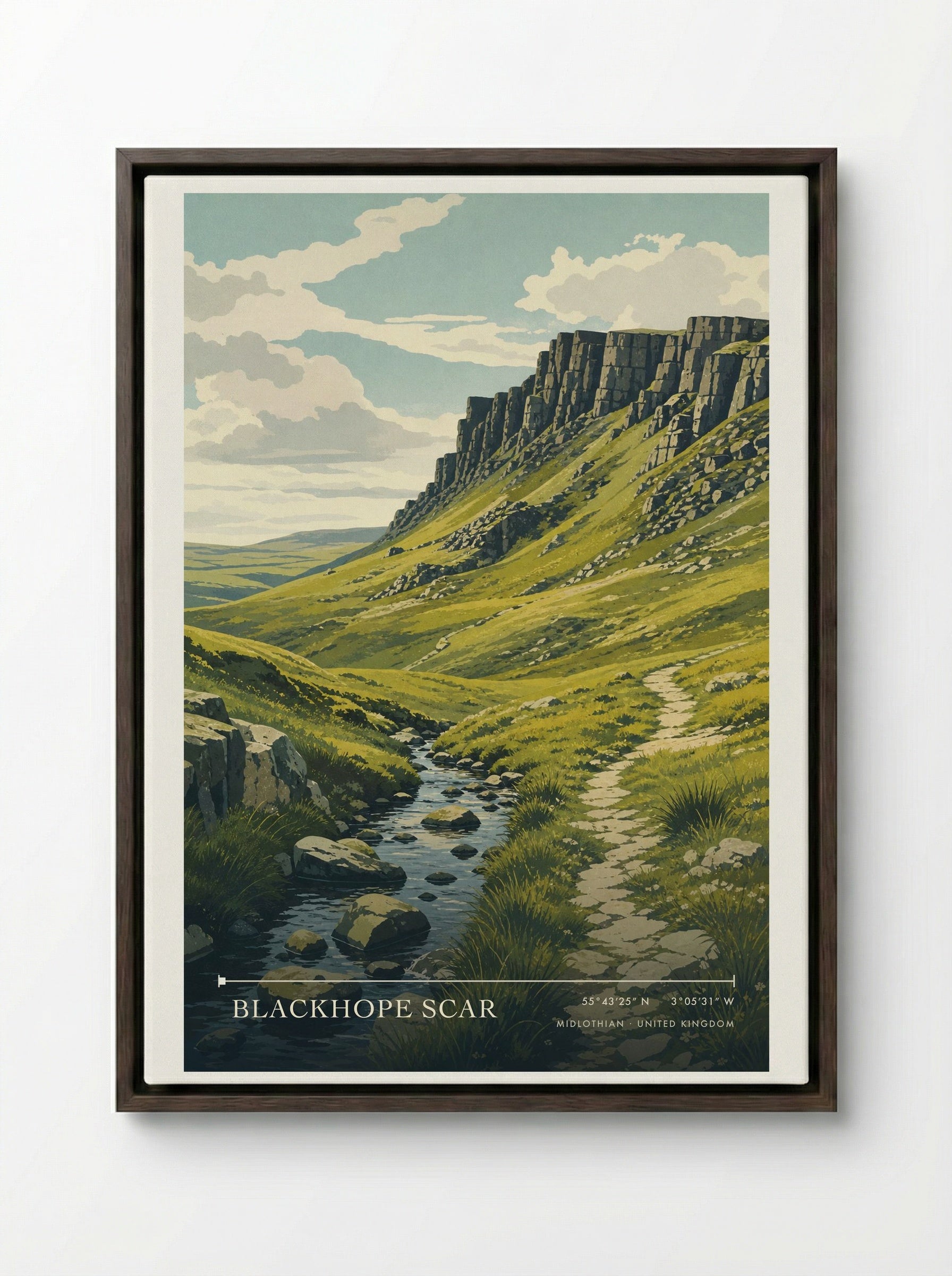 Blackhope Scar Midlothian United Kingdom Travel Poster - Framed Canvas Dark Wood